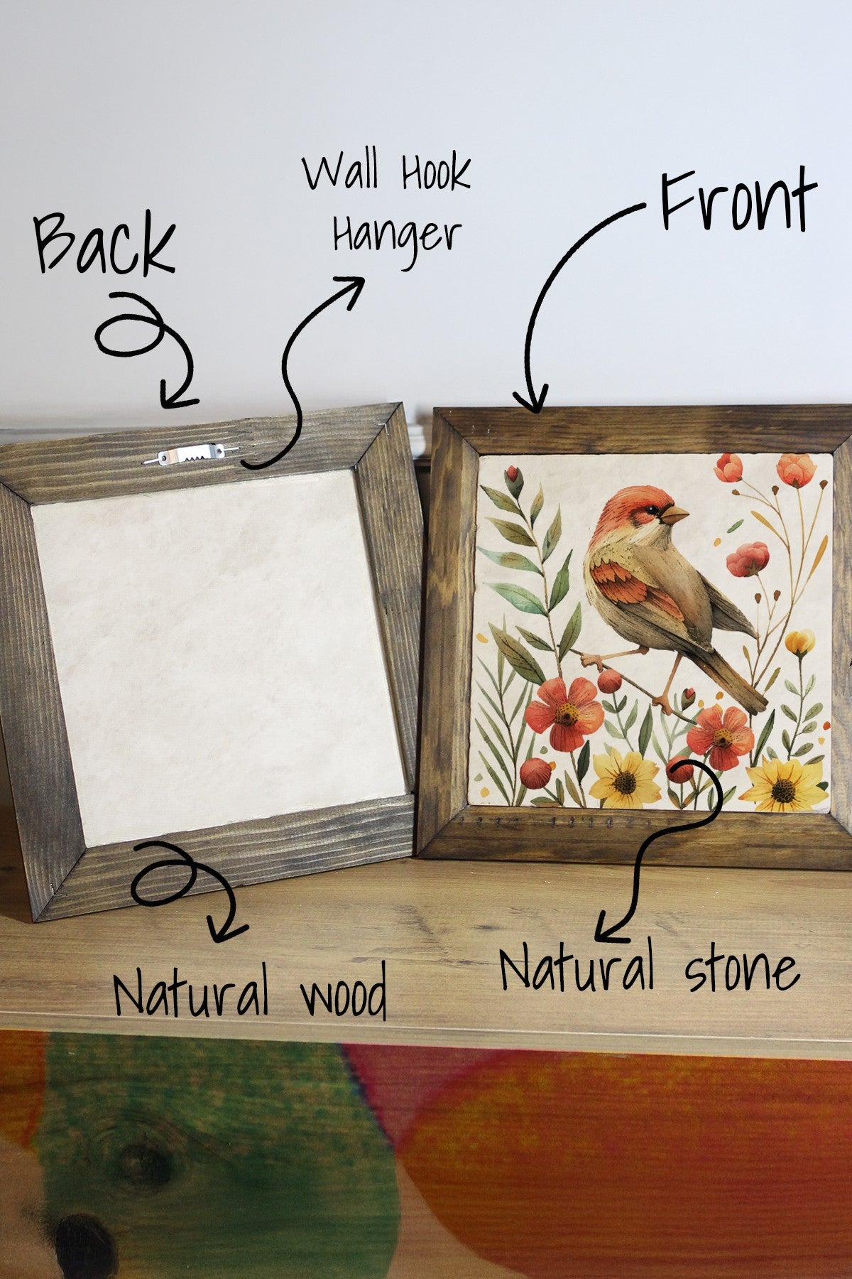 Ersytastablo24 - 16 Quadro Decorativo Multicolor em Pedra c/ Moldura de Madeira (2,5 cm), 15,5 x 15,5 cm – Impressão UV