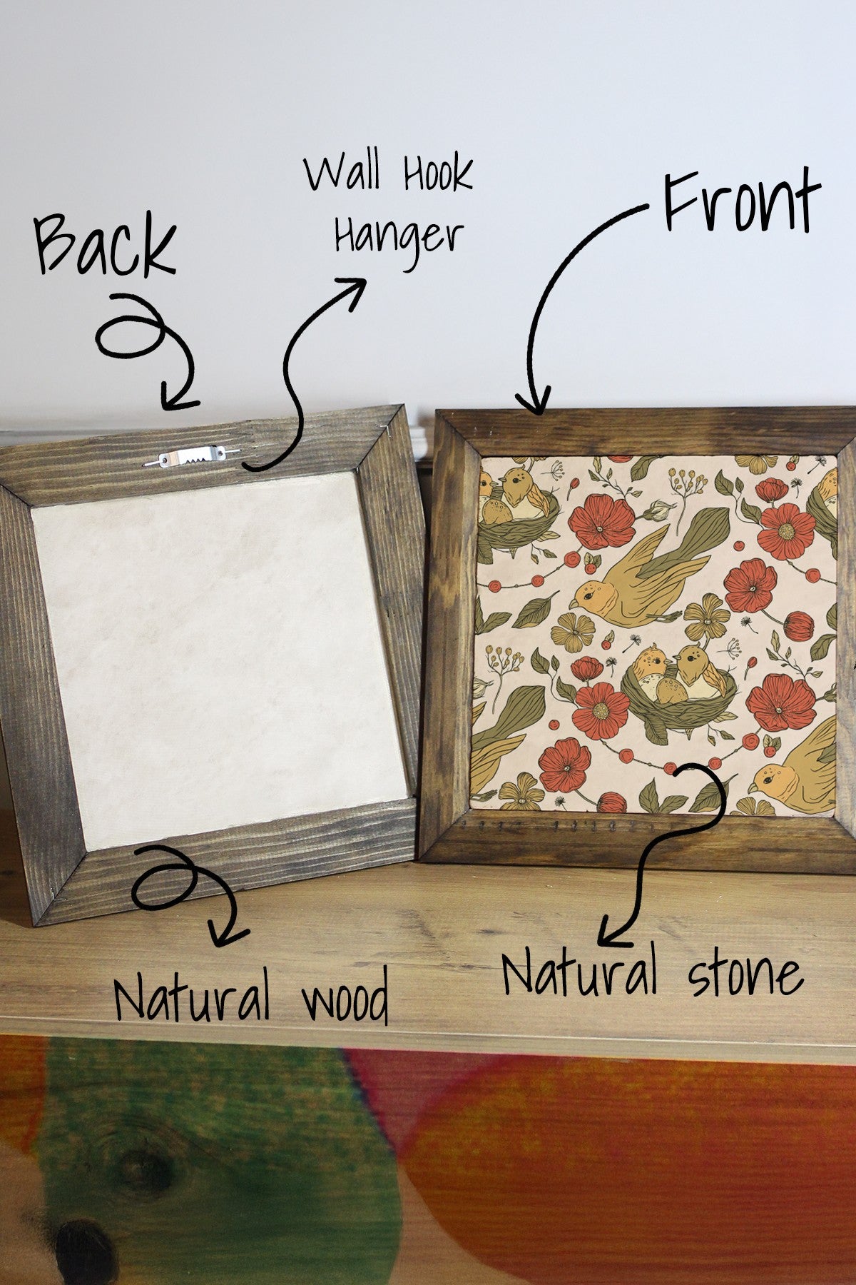 Quadro Decorativo Moldurado Multicolor Ersytastablo25 - 26, 26 x 26 cm, Pedra 100% e Moldura em Madeira, Impressão UV