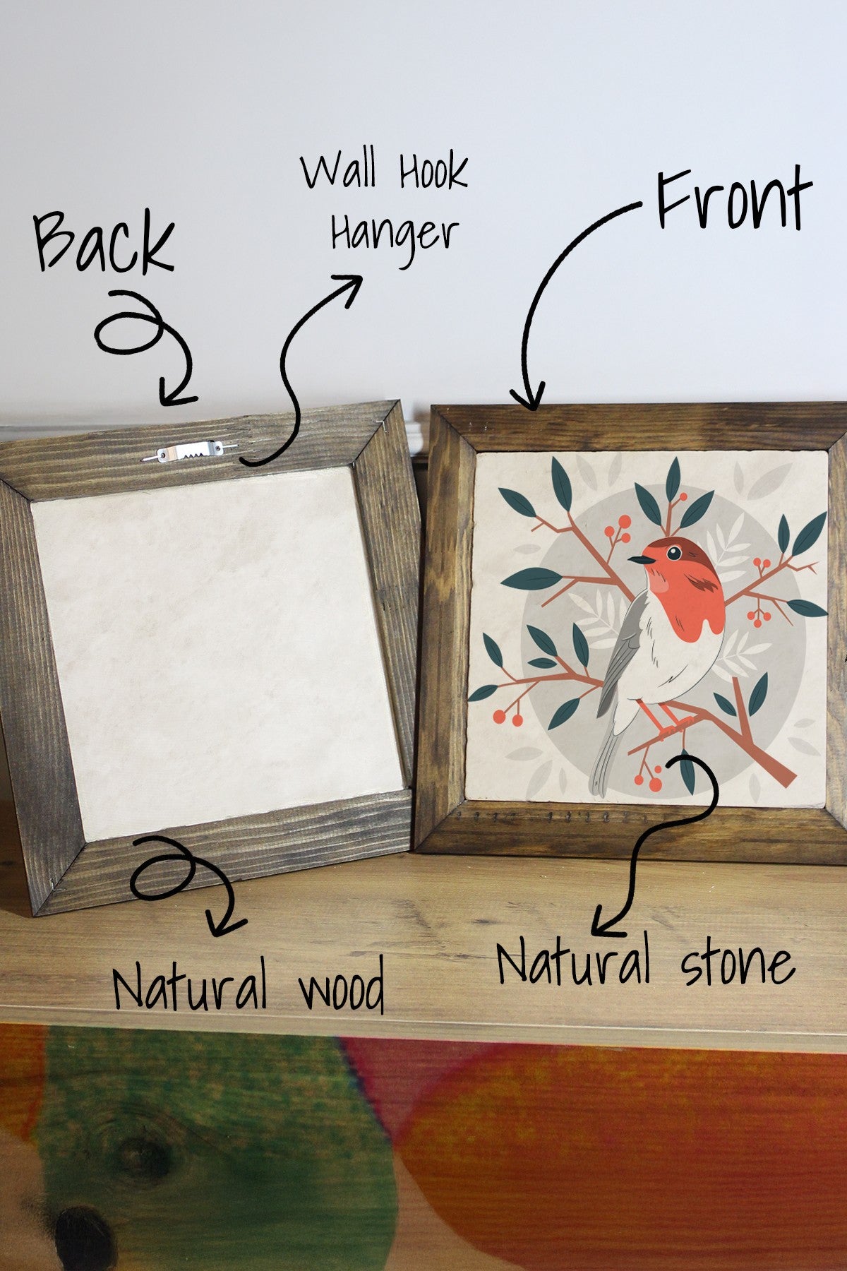 Ersytastablo26 - 16 Quadro Decorativo Multicolor em Pedra 100% com Moldura 100% Madeira (2,5 cm), Impressão UV – 15,5 x 15,5 cm