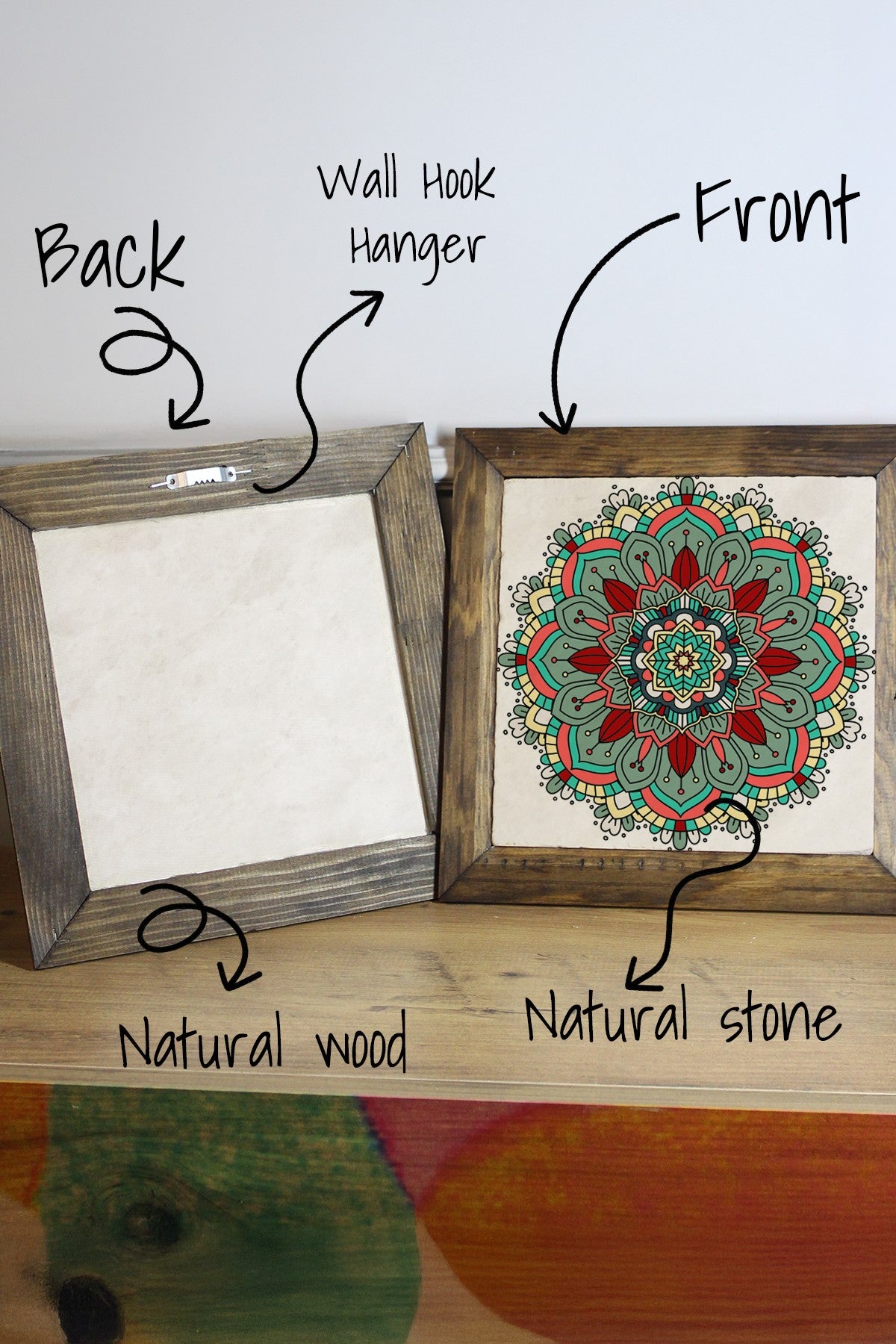 Ersytastablo28 - 16 Quadro Decorativo em Pedra com Moldura de Madeira 15,5 x 15,5 cm – Multicolor, Impressão UV