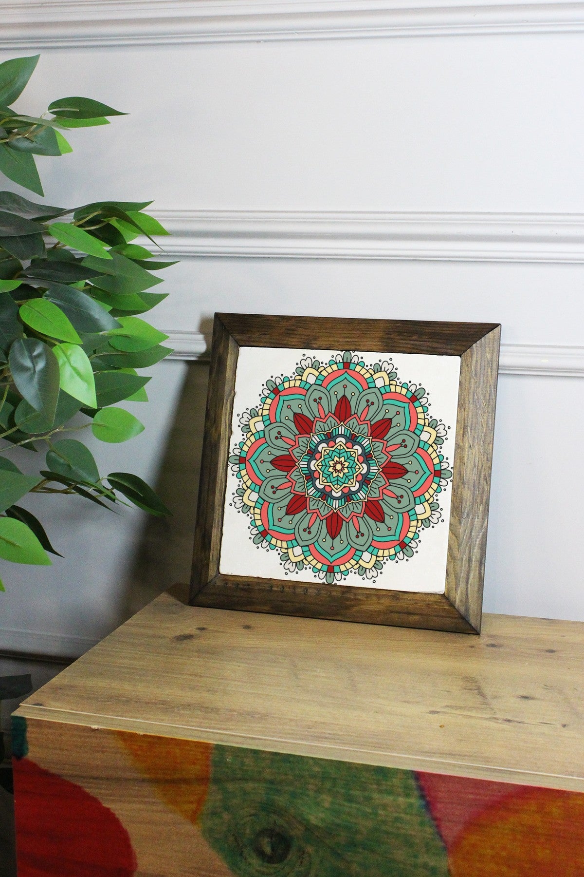 Quadro Decorativo Multicolor em Pedra 100% com Moldura de Madeira (26 x 26 cm) – Impressão UV