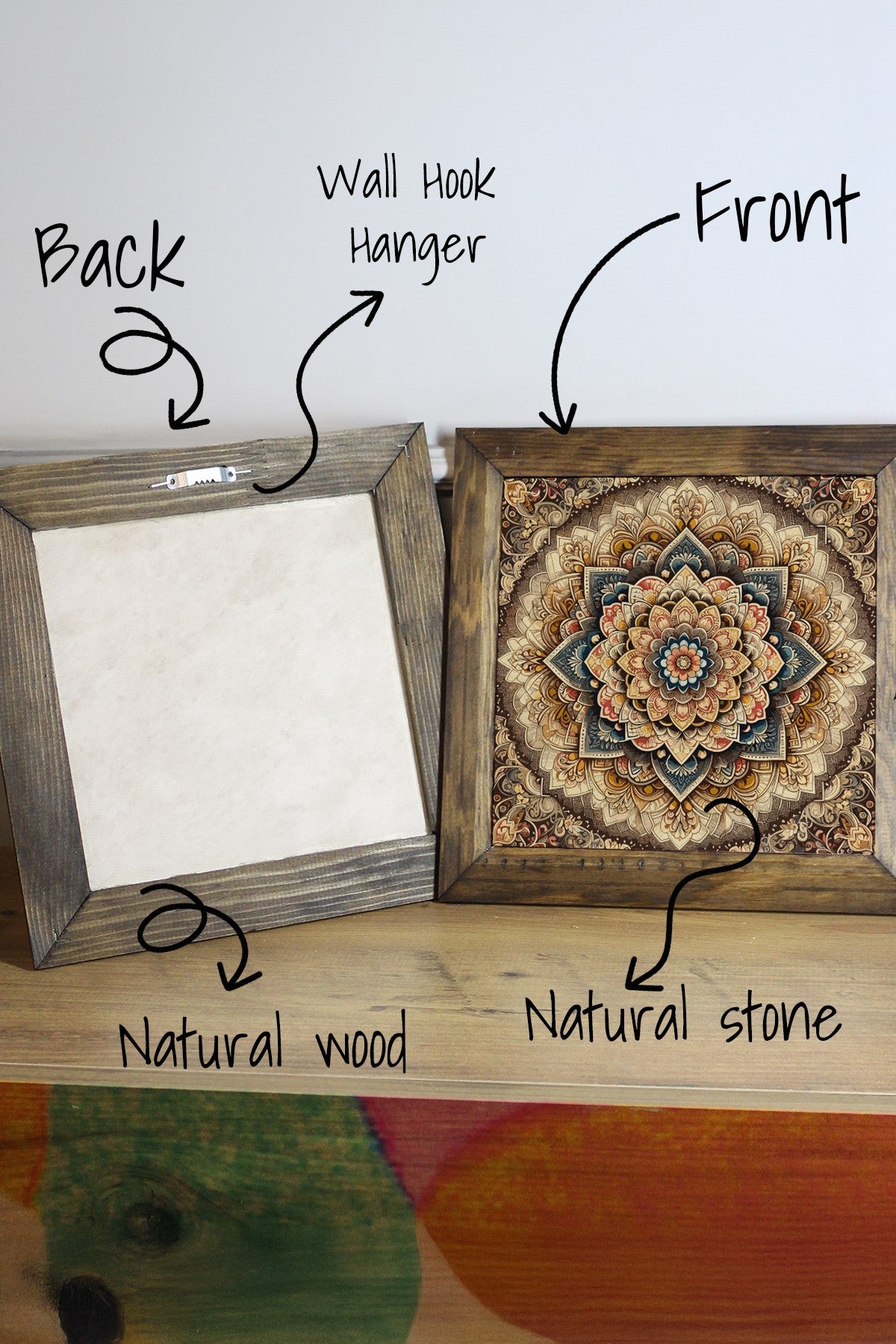 Quadro Decorativo em Pedra 100% com Moldura de Madeira (2,5 cm), 26 x 26 cm, Impressão UV, Multicolor – Ersytastablo29-26