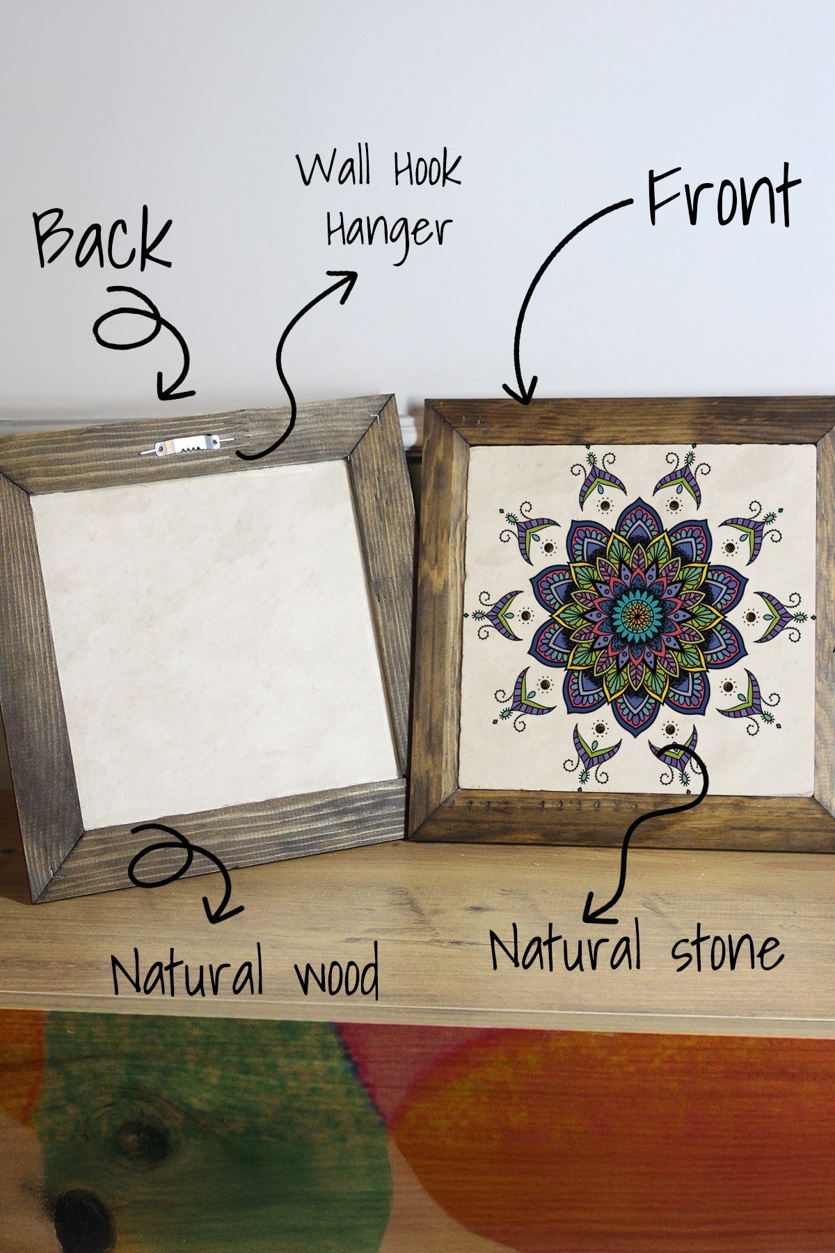 Ersytastablo31 - 16 – Quadro Decorativo em Pedra 100% com Moldura de Madeira (2,5 cm), Multicolor, 15,5 x 15,5 cm – Impressão UV