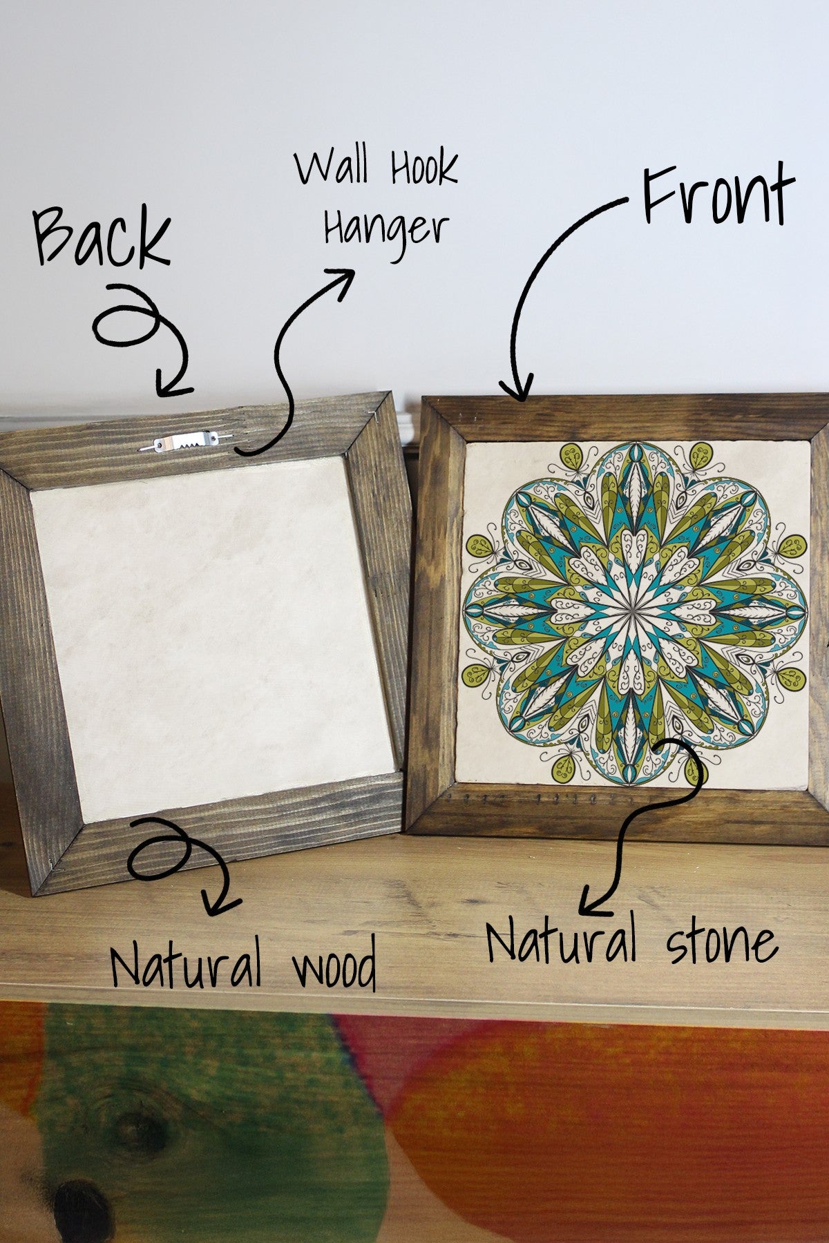 Quadro Decorativo em Pedra 100% com Moldura de Madeira 2,5 cm, Impressão UV — Ersytastablo33 - 26 (26 x 26 cm), Multicolor