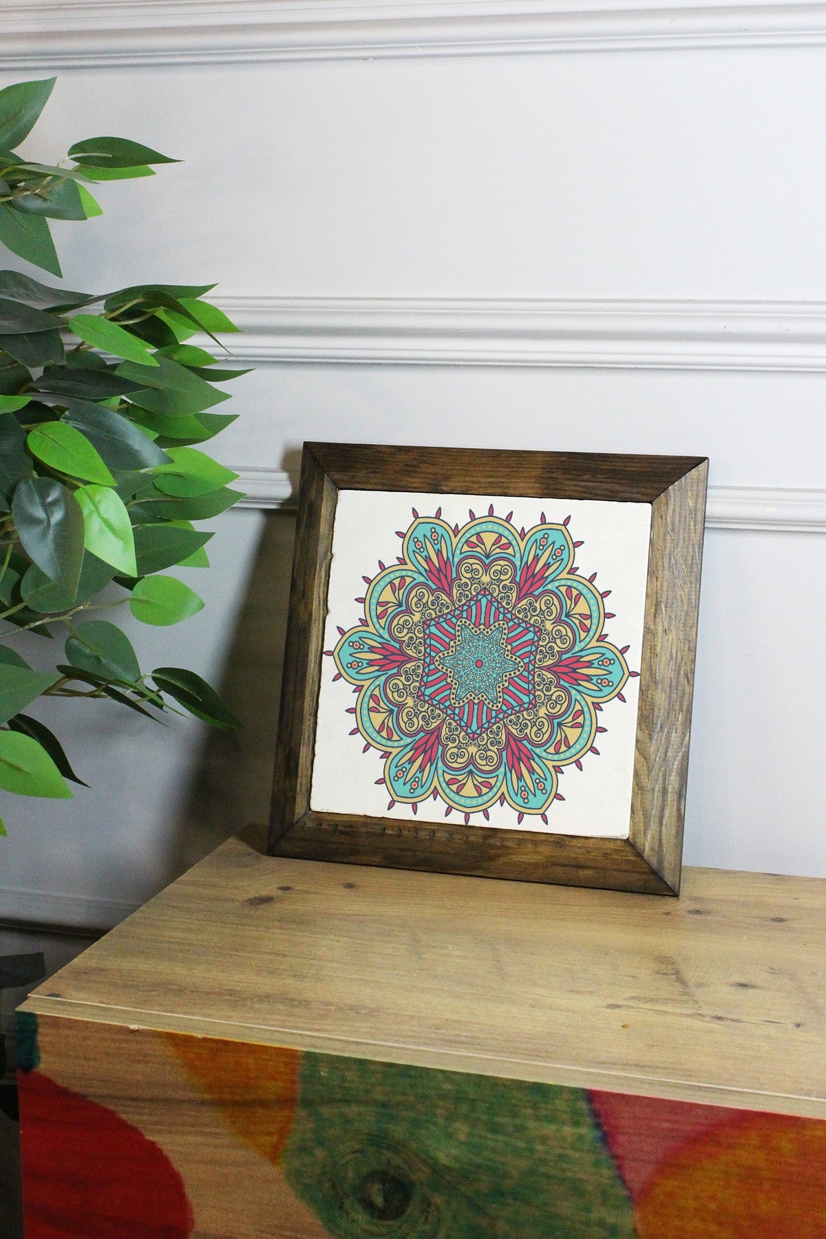 Quadro Decorativo Moldurado Ersytastablo34 - 16, Multicolor, Pedra 100%, Moldura de Madeira 2,5 cm, Impressão UV, 15,5 x 15,5 cm