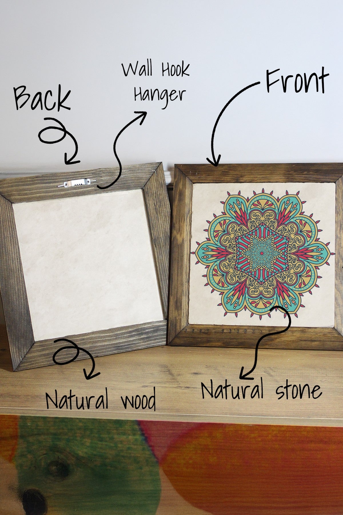 Quadro Decorativo em Pedra 100% com Moldura de Madeira (2,5 cm), Impressão UV, Multicolor, 26x26 cm – Ersytastablo34-26