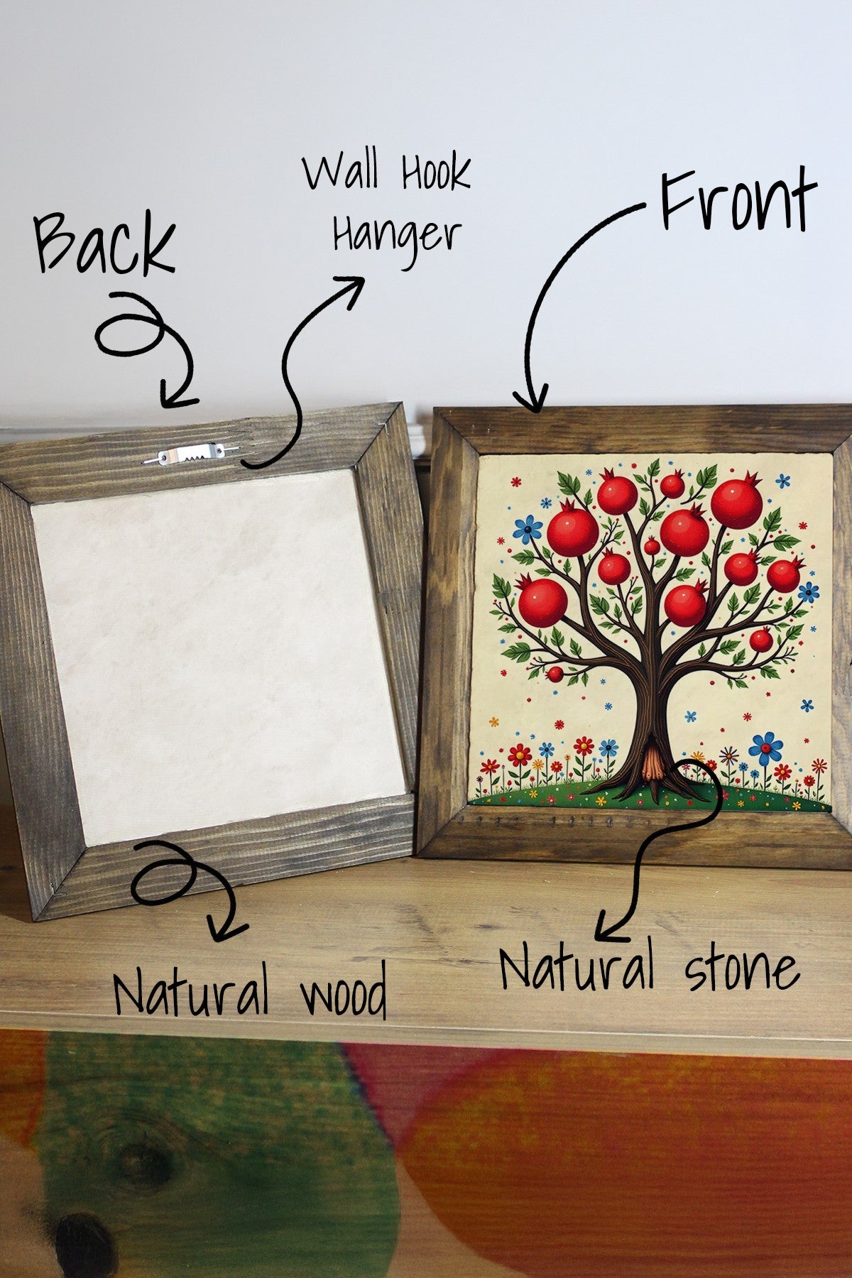 Quadro Decorativo com Moldura Multicolor 26x26 cm – Ersytastablo35 - 26 – Impressão UV, Superfície 100% Pedra, Moldura 100% Madeira (2,5 cm)