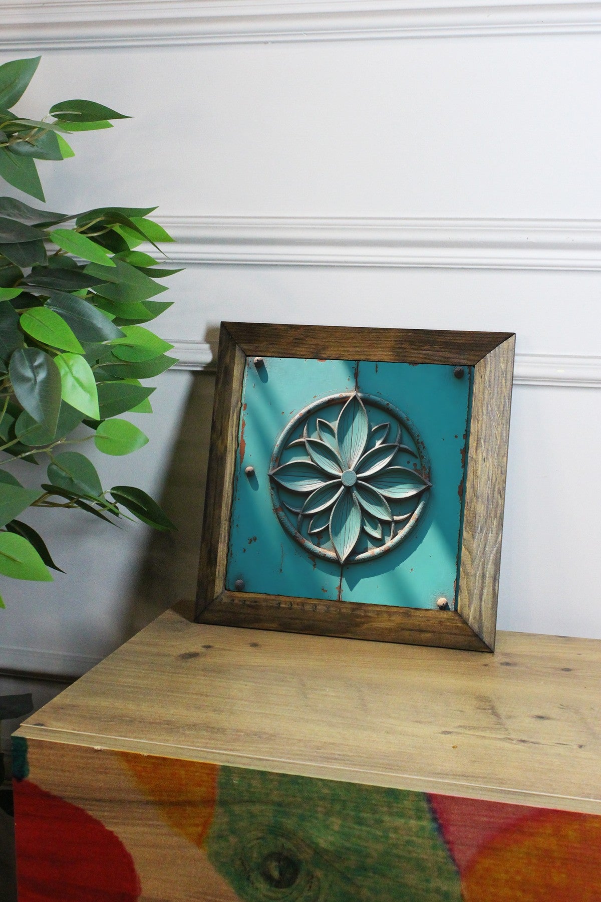 Quadro Decorativo Multicolor em Pedra (100%) com Moldura de Madeira 2,5 cm, Impressão UV, 15,5 x 15,5 cm – Ersytastablo36-16