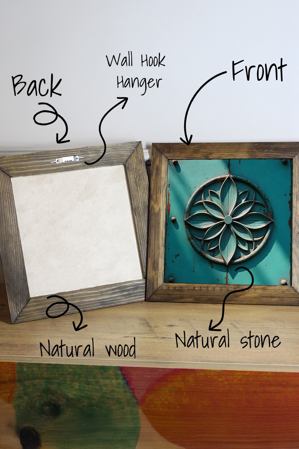 Quadro Decorativo Multicolor em Pedra (100%) com Moldura de Madeira 2,5 cm, Impressão UV, 15,5 x 15,5 cm – Ersytastablo36-16