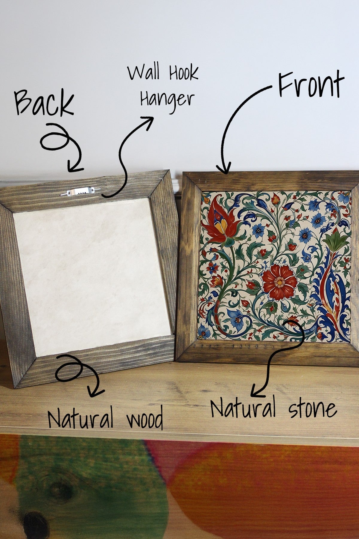 Quadro Decorativo em Pedra com Moldura de Madeira, Multicolor, 26x26 cm – Ersytastablo38-26