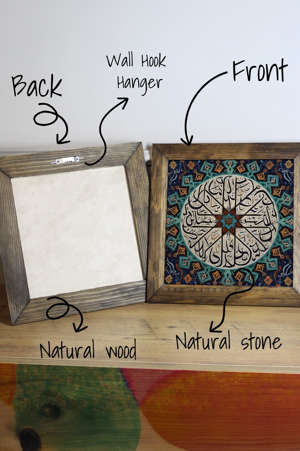 Quadro Decorativo Multicolor em Pedra 100% com Moldura de Madeira (2,5 cm) e Impressão UV – 15,5 x 15,5 cm