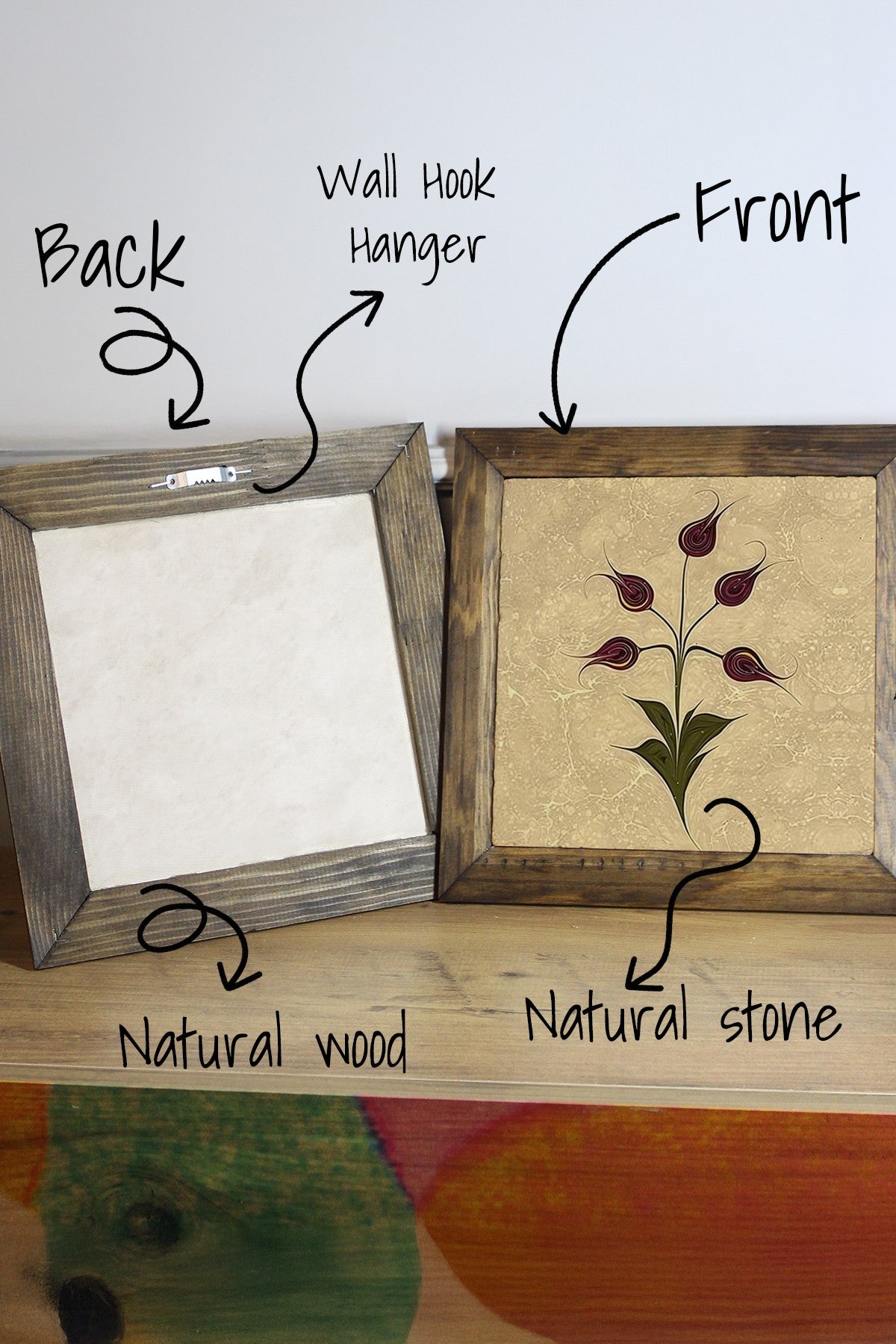 Quadro Decorativo em Pedra com Moldura de Madeira, Impressão UV, Multicolor, 15,5 x 15,5 cm – Ersytastablo43-16