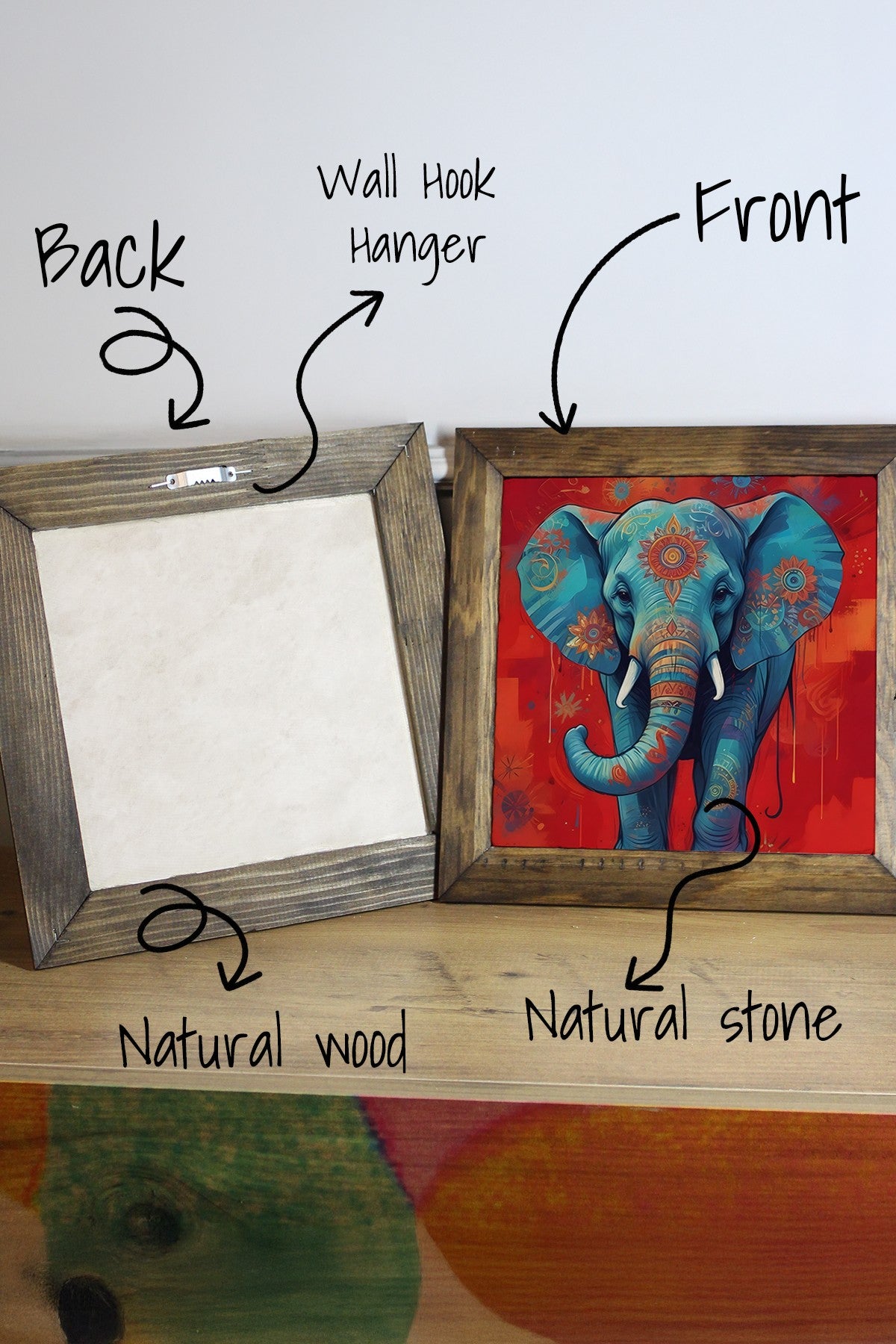 Quadro Decorativo Multicolor em Pedra com Moldura de Madeira 26x26 cm – Impressão UV (Ersytastablo45-26)