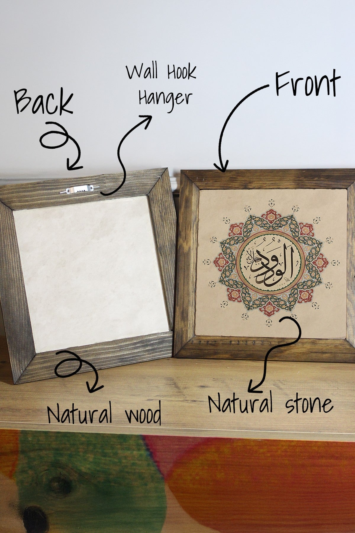 Quadro Decorativo em Pedra com Moldura de Madeira 26x26 cm – Multicolor, Impressão UV