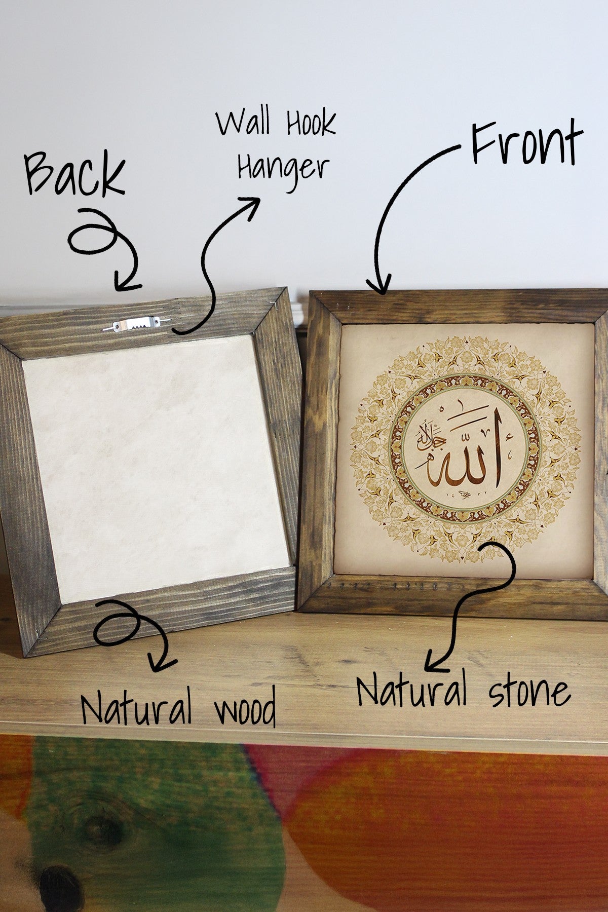 Quadro Decorativo Moldurado Multicolor Ersytastablo49 - 26, 26x26 cm, Pedra 100% com Moldura de Madeira (2,5 cm), Impressão UV