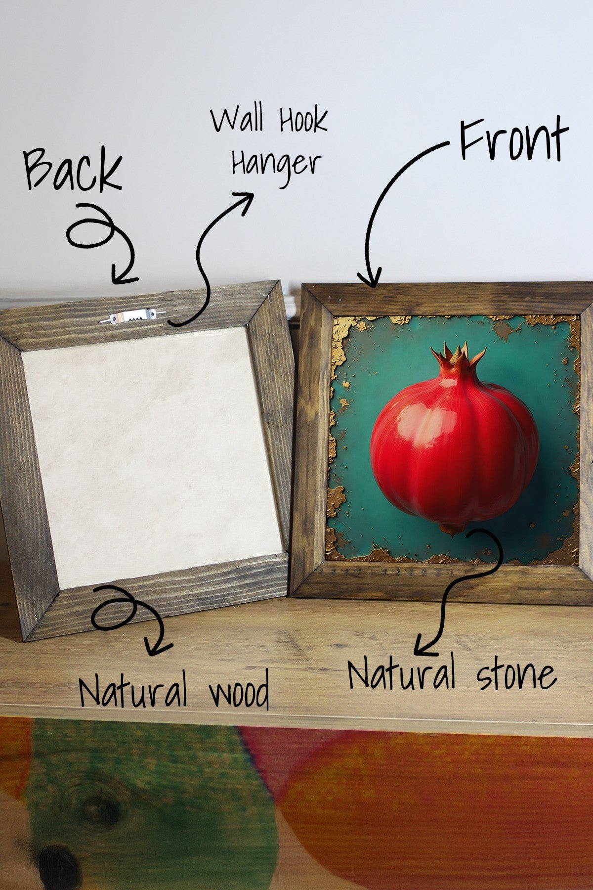 Quadro Decorativo Multicolor em Pedra com Moldura de Madeira 2,5 cm, Impressão UV, 15,5 x 15,5 cm – Ersytastablo50-16