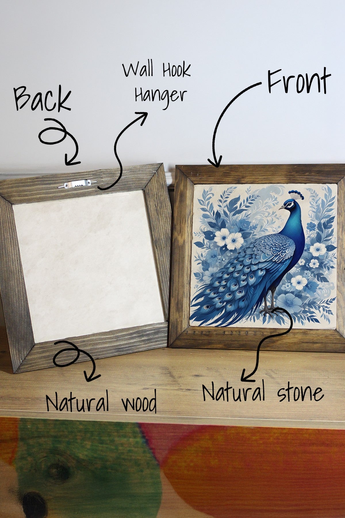 Quadro Decorativo Ersytastablo51 - 16 em Pedra com Moldura de Madeira, Multicolor, 15,5 x 15,5 cm, Impressão UV