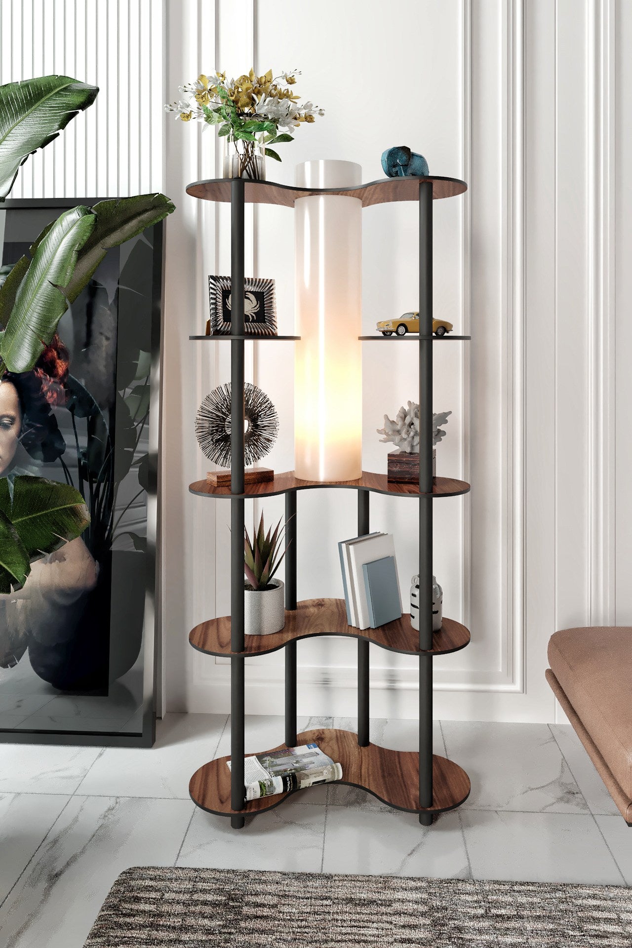 Candeeiro de Pé elegante – 150 cm altura – Nogueira – Papel artesanal e MDF