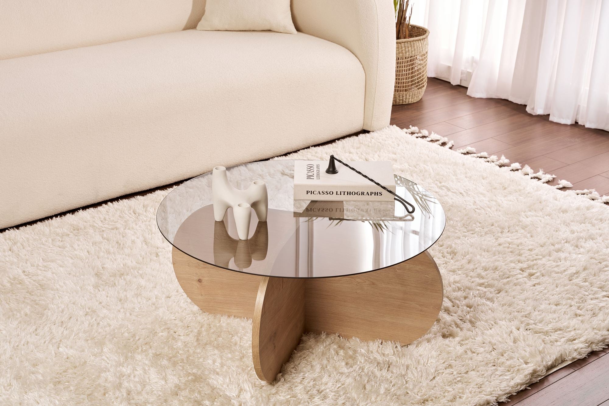 Mesa de Centro Elegante, Carvalho Safira e Fumê, 75 x 35 x 75 cm | Tampo 100% Vidro Temperado, 100% Aglomerado Revestido em Melamina, 18 mm de Espessura | Design Moderno para Sala de Estar