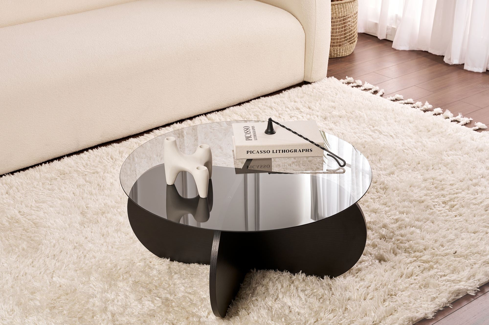 Mesa de Centro Elegante, 75 x 35 x 75 cm | Tampo 100% Vidro Temperado, Estrutura 100% Aglomerado Revestido em Melamina | Design Elegante em Preto e Transparente para Espaços Modernos