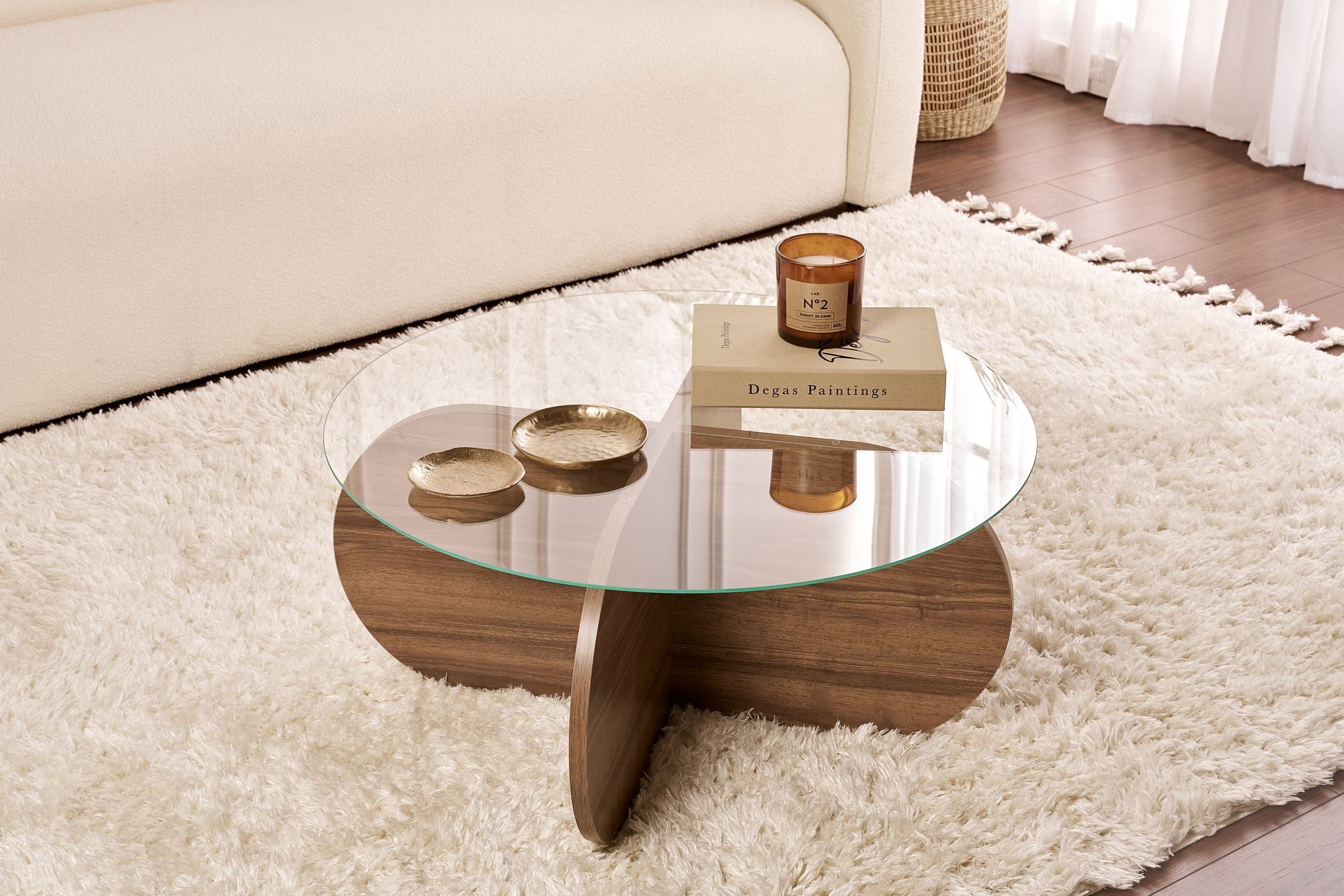 Mesa de Centro Elegante, 75 x 75 x 35 cm | Estrutura 100% em Vidro Temperado e Revestimento em Melamina de Nogueira, 18 mm de Espessura | Design Moderno para Salas de Estar e Lounges