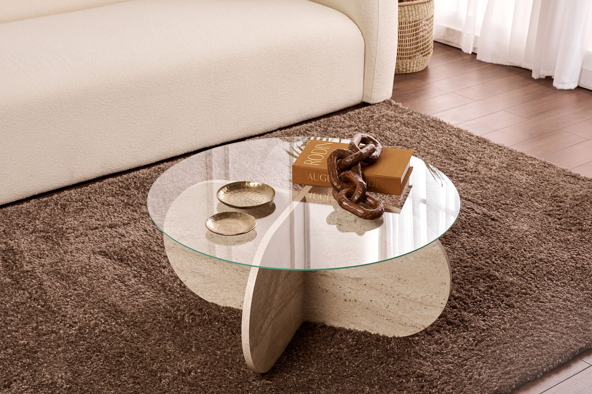 Mesa de Centro Elegante, 75 x 35 x 75 cm | 100% Vidro Temperado e Aglomerado Revestido em Melamina | Travertino Elegante e Design Transparente para Espaços de Vida Modernos