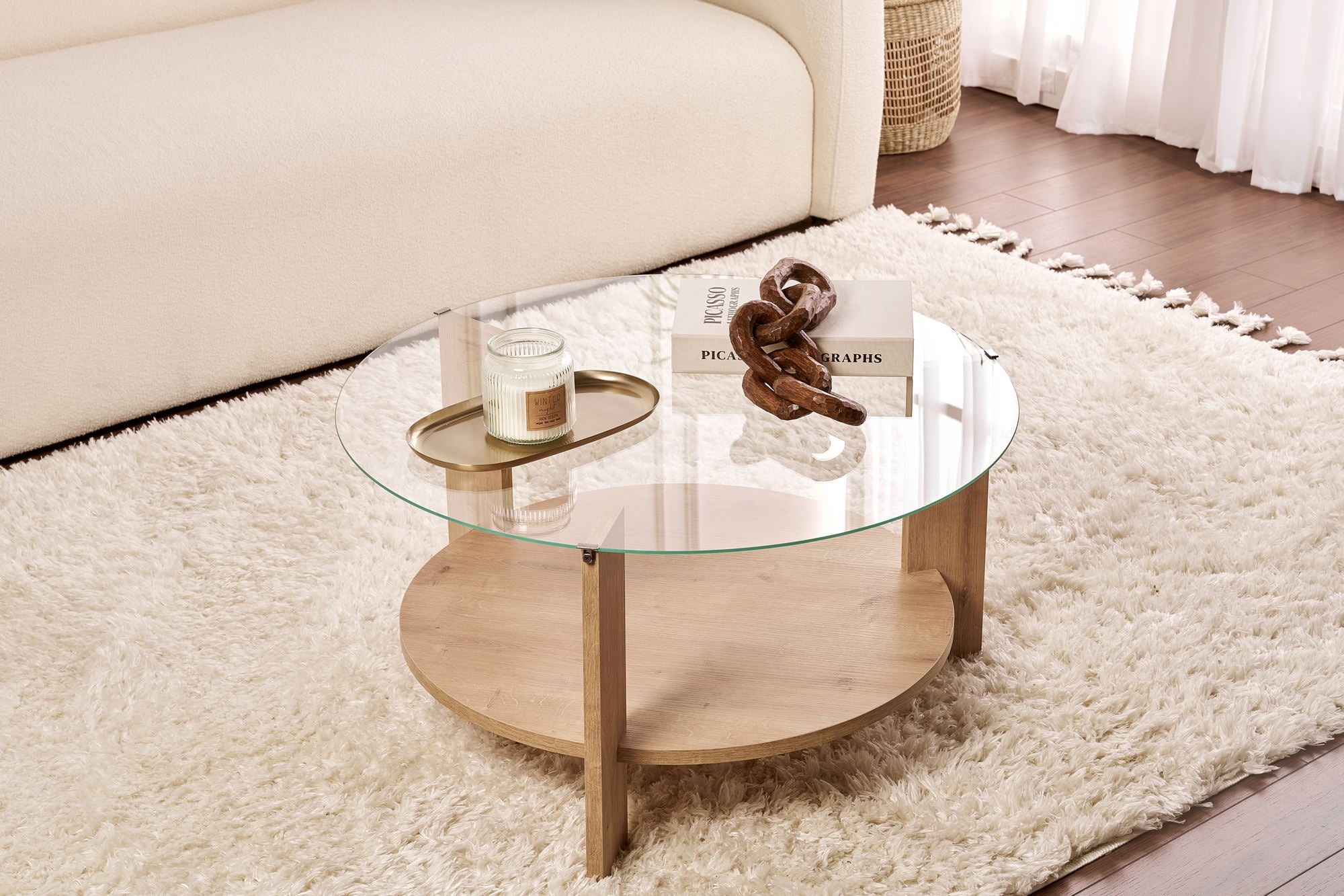 Mesa de Centro Elegante, Carvalho Safira e Transparente, 75 x 40 x 75 cm | 100% Vidro Temperado e Estrutura Revestida em Melamina de 18 mm | Design Moderno para Sala de Estar