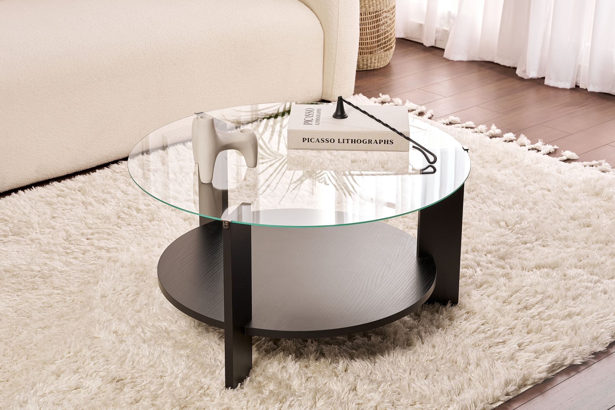 Mesa de Centro Elegante, 75 x 40 x 75 cm | 100% Vidro Temperado e Aglomerado Revestido em Melamina | Design Elegante em Preto e Transparente para Espaços de Vida Modernos