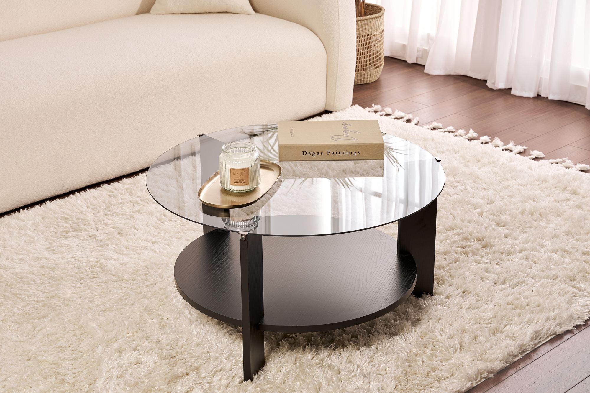 Mesa de Centro Elegante, 75 x 40 x 75 cm | 100% Vidro Temperado e Aglomerado Revestido em Melamina | Acabamento Elegante em Preto e Fumê para Espaços Modernos