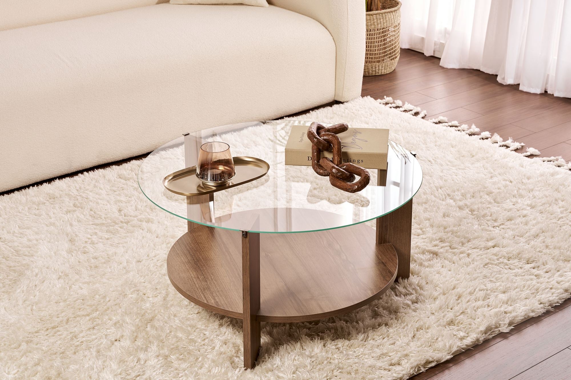 Mesa de Centro Elegante, 75 x 40 x 75 cm | Estrutura 100% Vidro Temperado e Revestimento em Melamina de Nogueira, 18 mm de Espessura | Design Moderno para Sala de Estar e Escritório