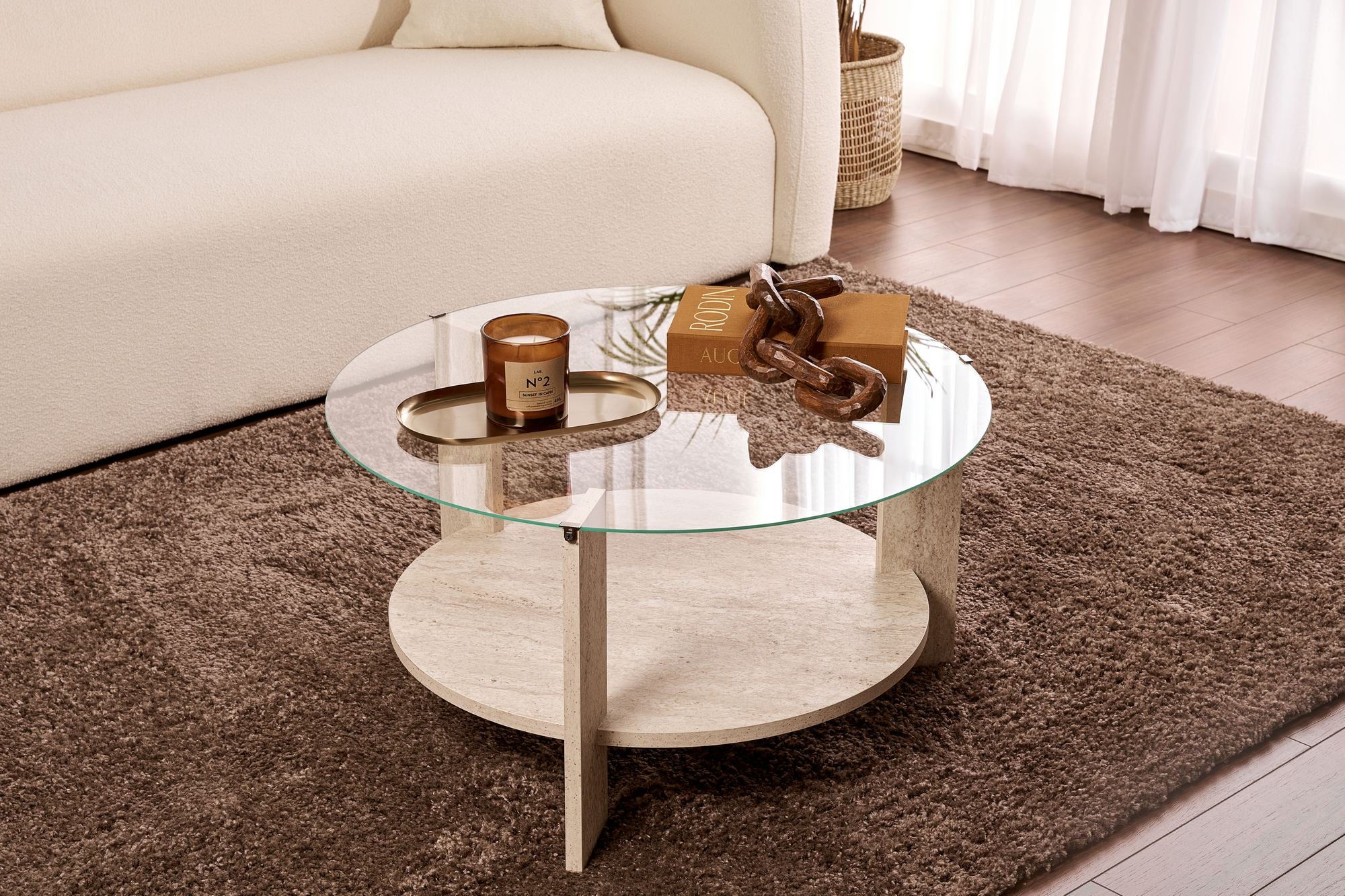 Mesa de Centro Elegante, 75 x 40 x 75 cm | 100% Vidro Temperado e Painel de Partículas Revestido em Melamina, 18 mm de Espessura | Travertino Elegante e Design Transparente para Espaços de Vida Modernos