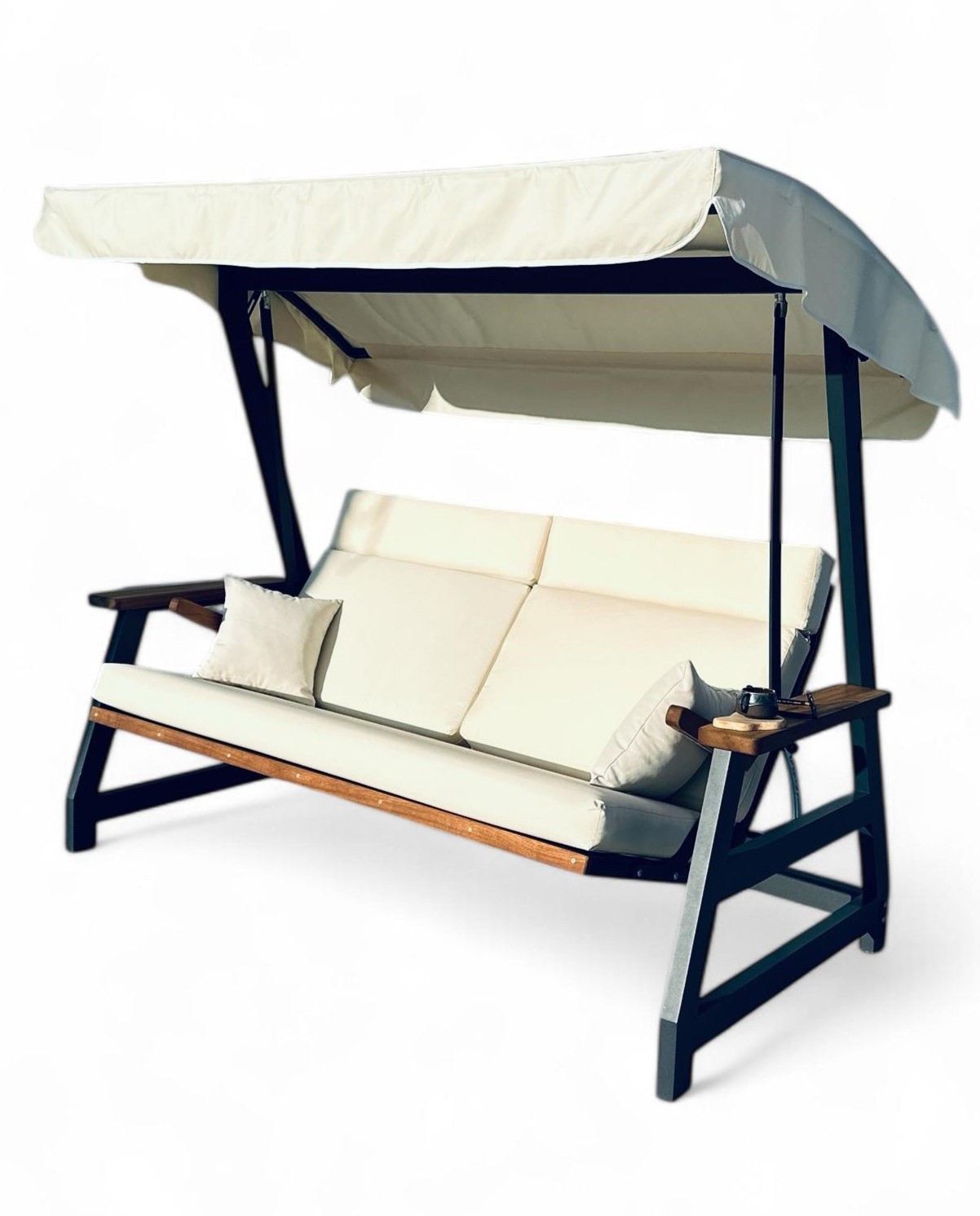 Baloiço de Jardim Triplo – 190 cm x 226 cm x 122 cm – Bege – Alumínio Inoxidável e Madeira Iroko