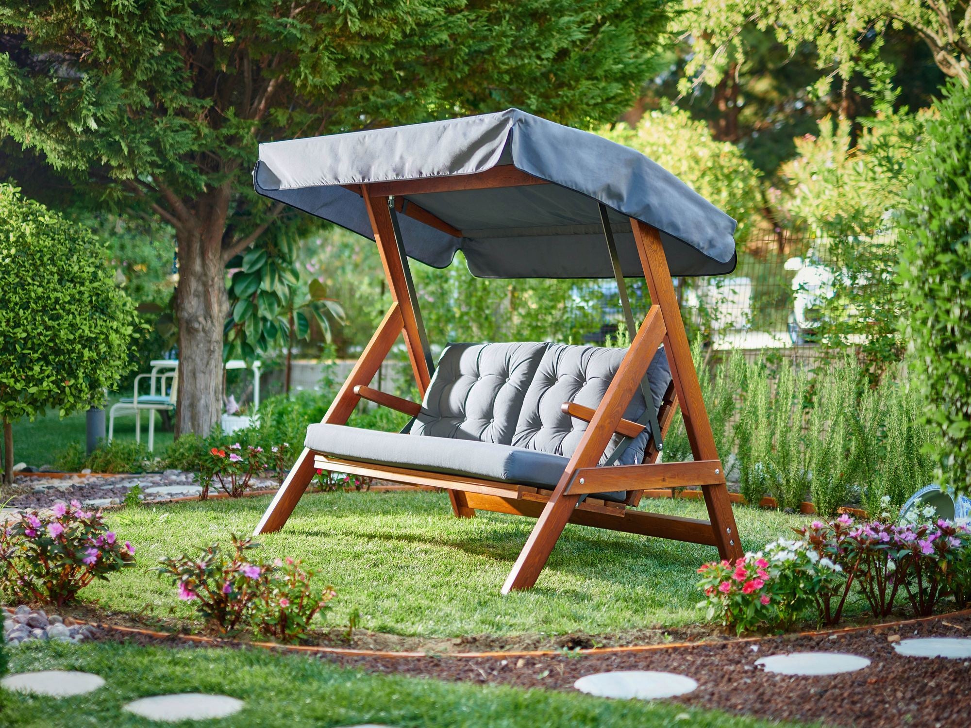 Baloiço de Jardim Triplo – 185 cm x 180 cm x 123 cm – Antracite – Madeira de Pinho