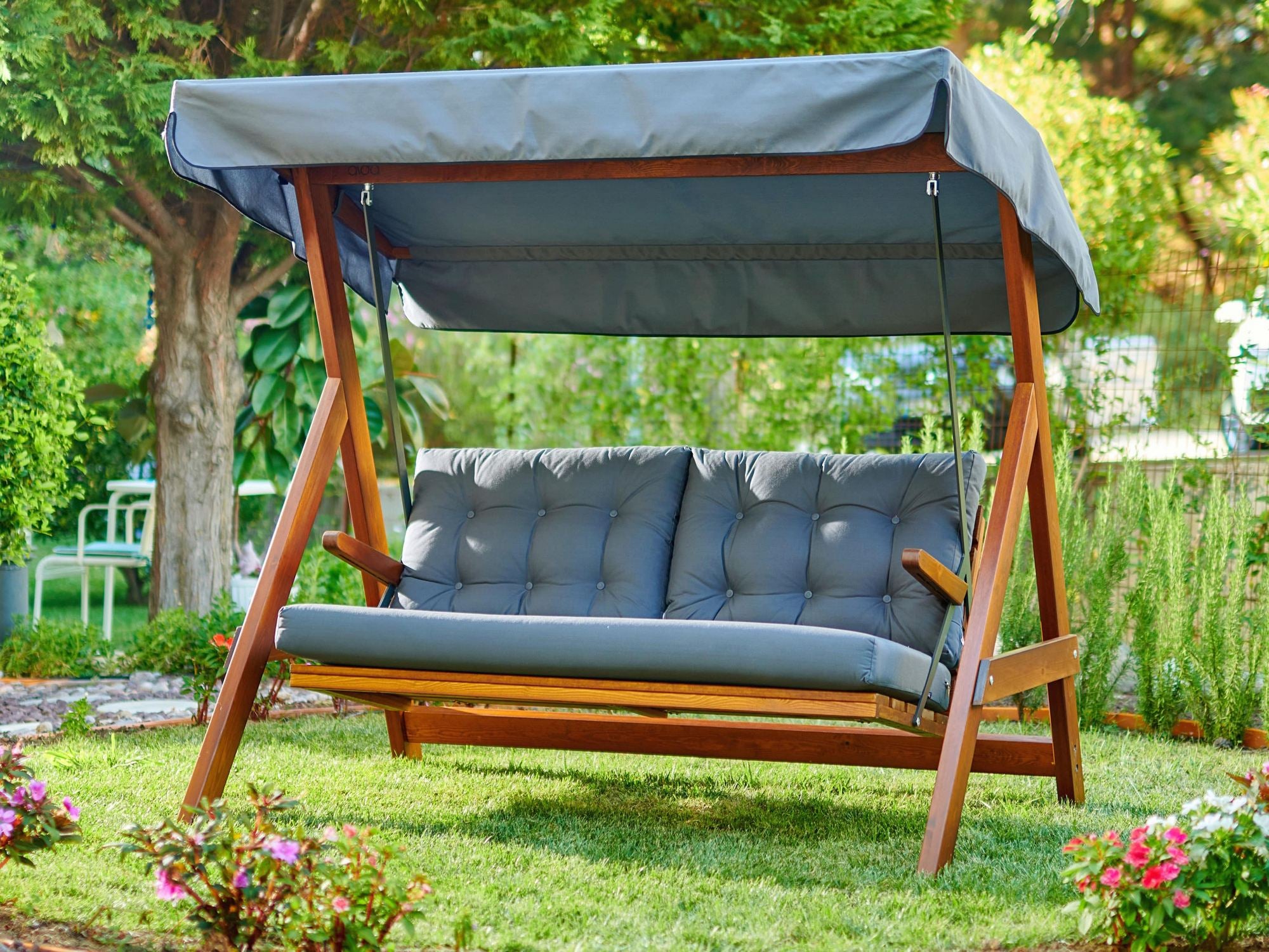 Baloiço de Jardim Triplo – 185 cm x 180 cm x 123 cm – Antracite – Madeira de Pinho