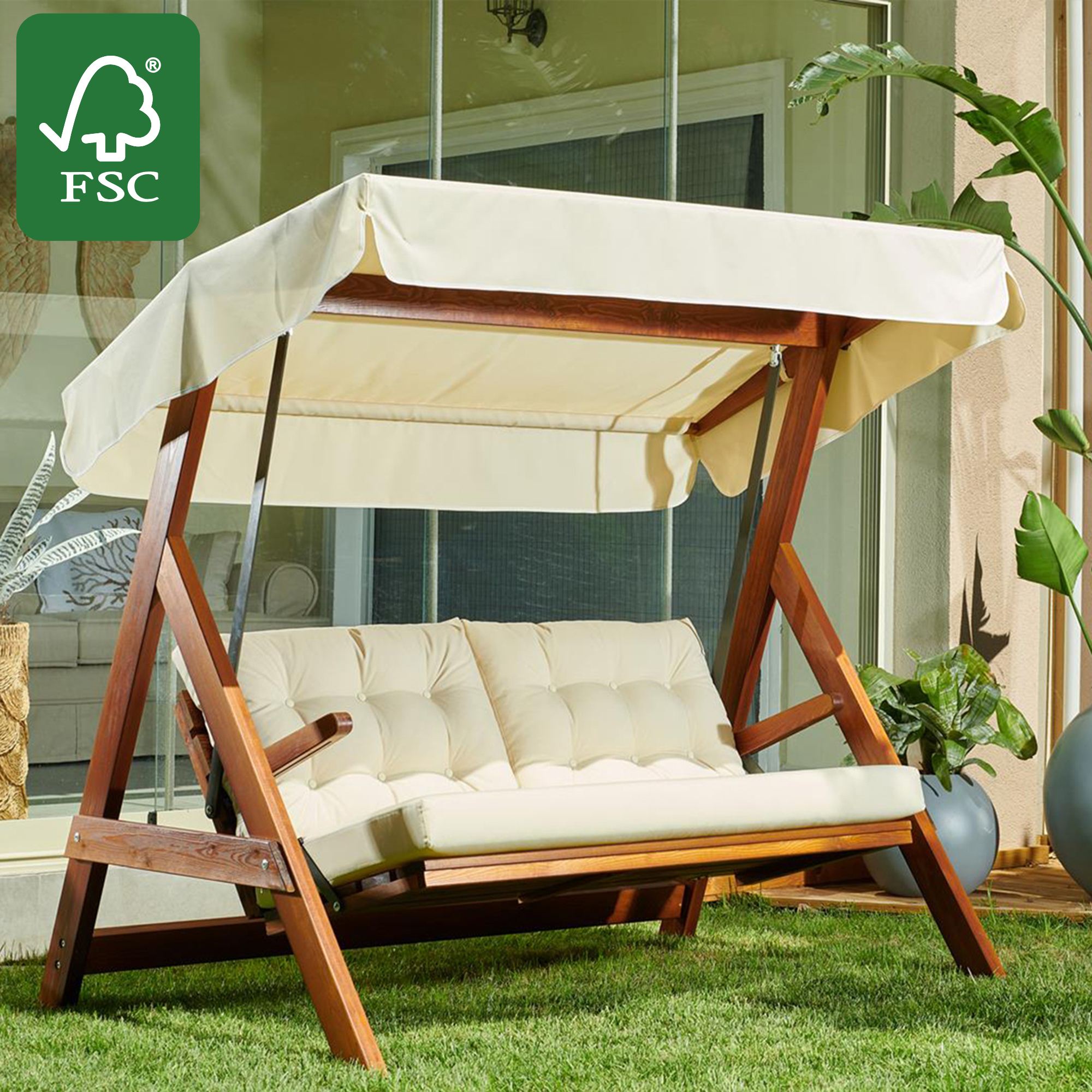 Baloiço de Jardim Triplo – 185 cm x 180 cm x 123 cm – Bege – Madeira de Pinho