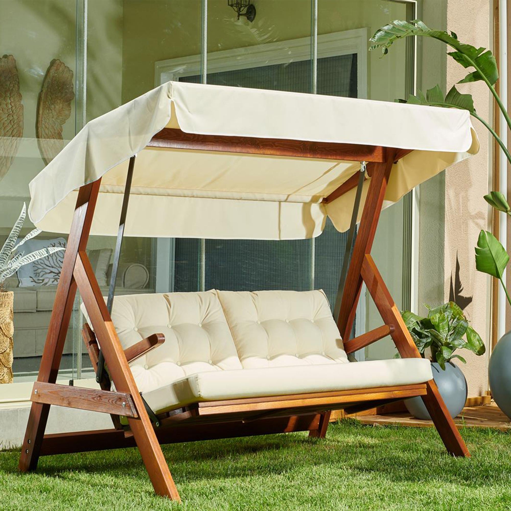 Baloiço de Jardim Triplo – 185 cm x 180 cm x 123 cm – Bege – Madeira de Pinho