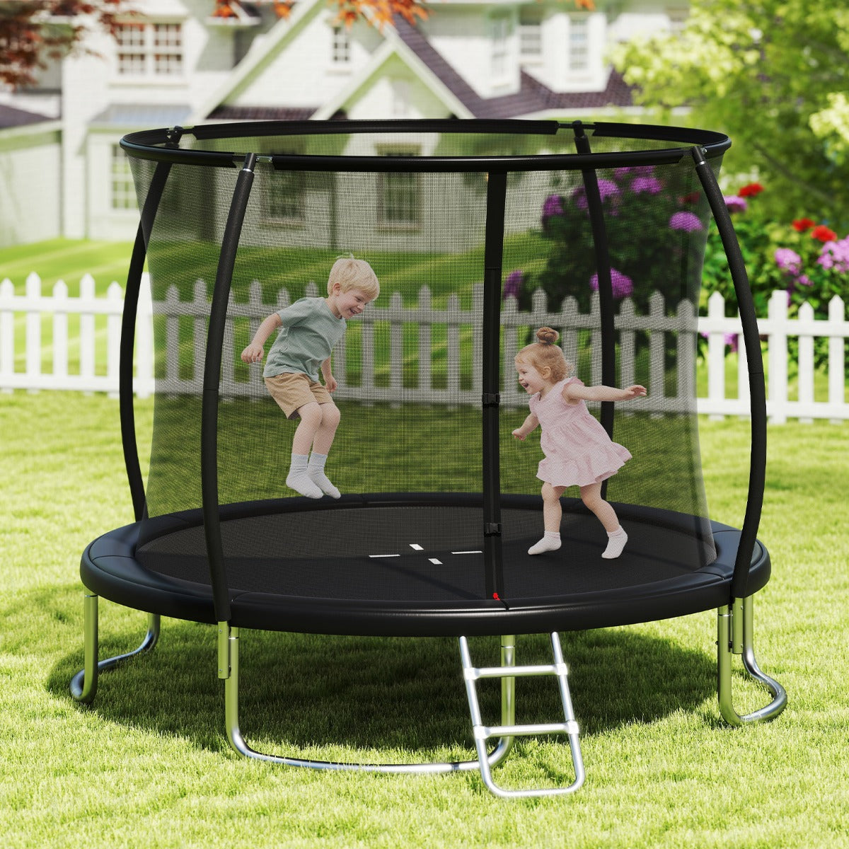 Cama Elástica de Exterior com Rede de Segurança Escada Pernas Curvas Robustas para Crianças Adultos 366 cm Preto