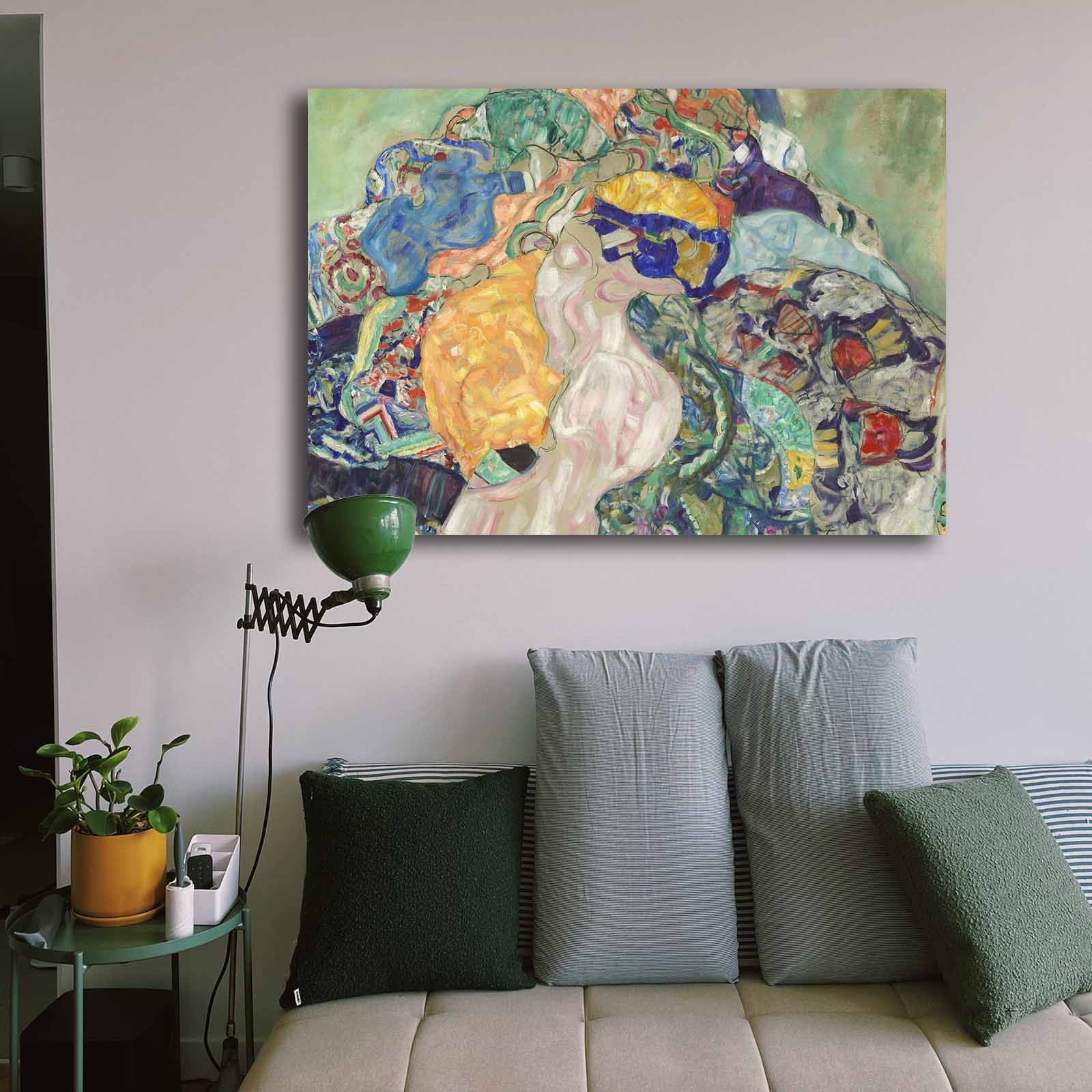 Quadro Decorativo Gustav Klimt "Baby Cradle" - Tela 100% Canvas com Moldura de Madeira 70x100cm - Arte Clássica Multicolor para Decoração