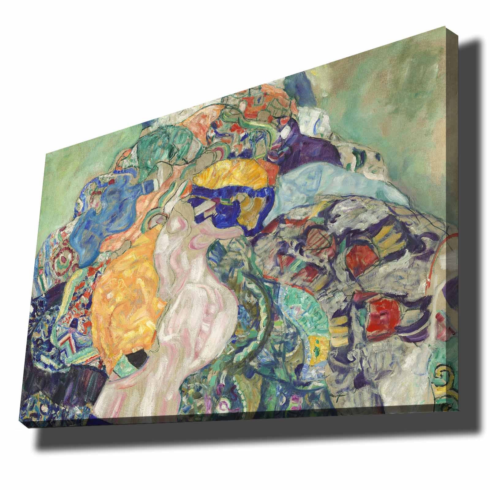 Quadro Decorativo Gustav Klimt "Baby Cradle" - Tela 100% Canvas com Moldura de Madeira 70x100cm - Arte Clássica Multicolor para Decoração