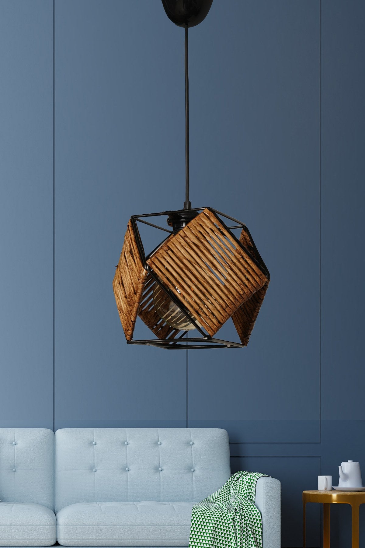 Candeeiro de Teto – 70 cm x 17 cm x 17 cm – Marrom e Preto – Plástico e Madeira