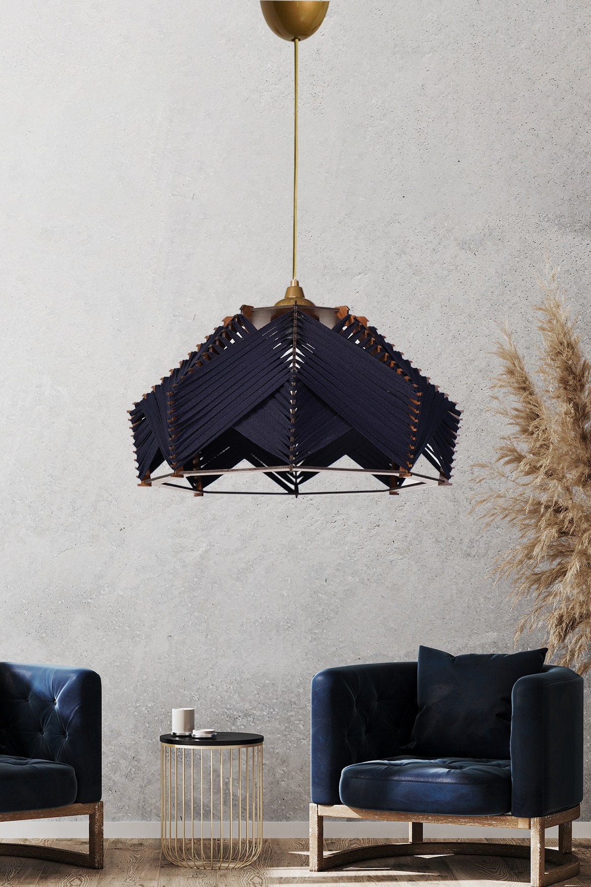 Candeeiro de Teto – 20 cm x 35 cm – Azul Marinho – Plástico e Algodão