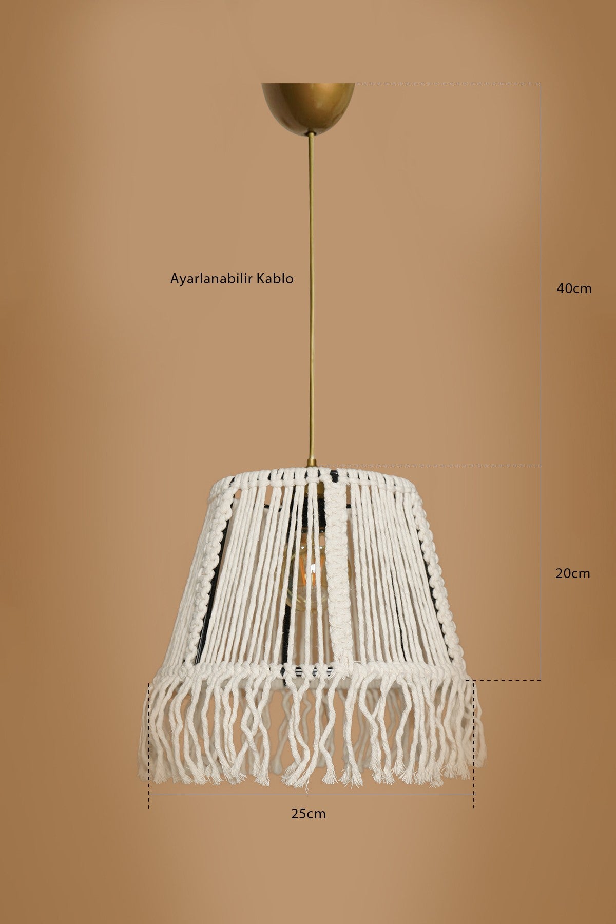 Candeeiro de Teto – 25 cm x 20 cm – Creme – Plástico com macramé