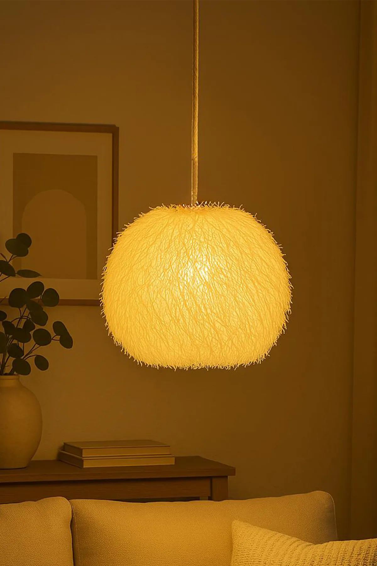 Candeeiro de Teto – Ø35 h:35 cm – Branco – Plástico com cúpula de juta