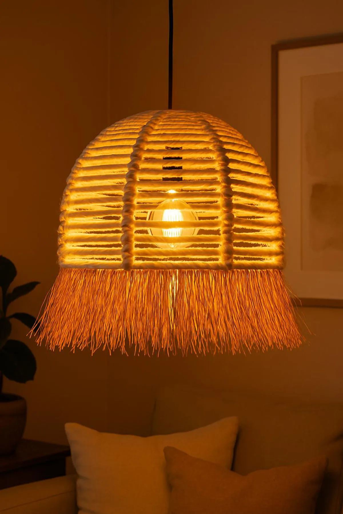 Candeeiro de Teto – 30-70 cm – Branco – Metal e ráfia