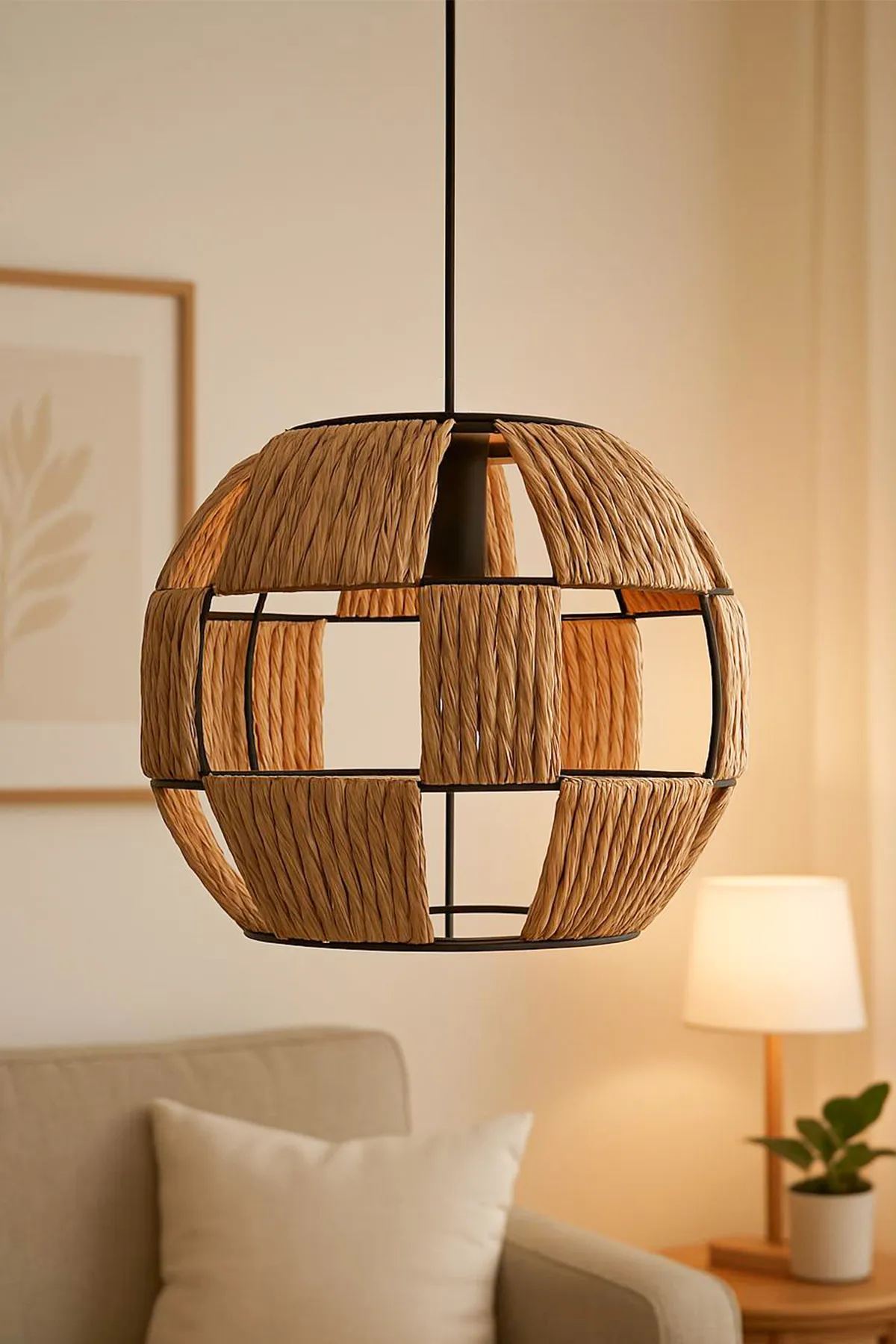 Candeeiro de Teto – Ø30 h:24 cm – Ecru – Metal e Rafia