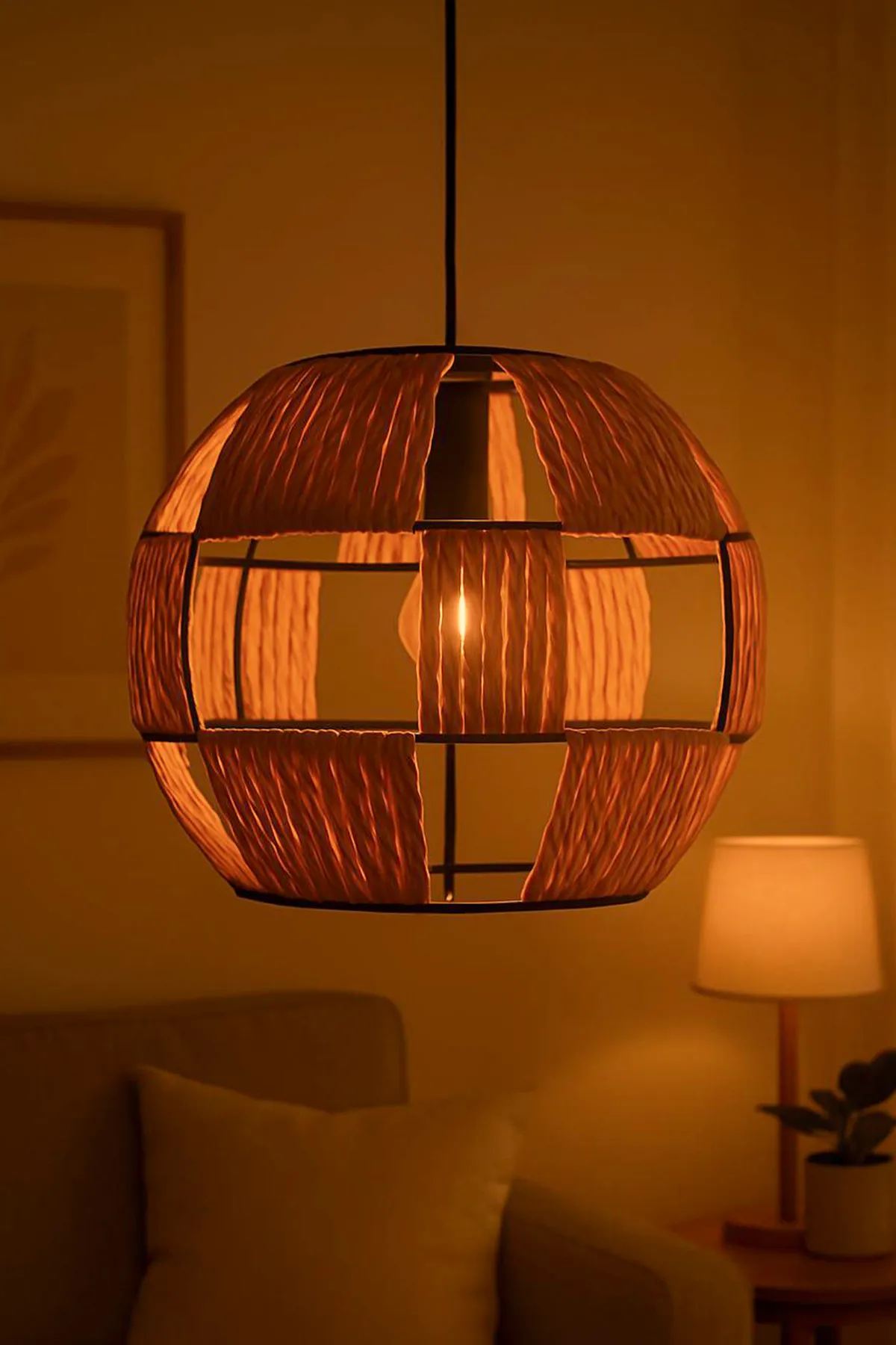 Candeeiro de Teto – Ø30 h:24 cm – Ecru – Metal e Rafia