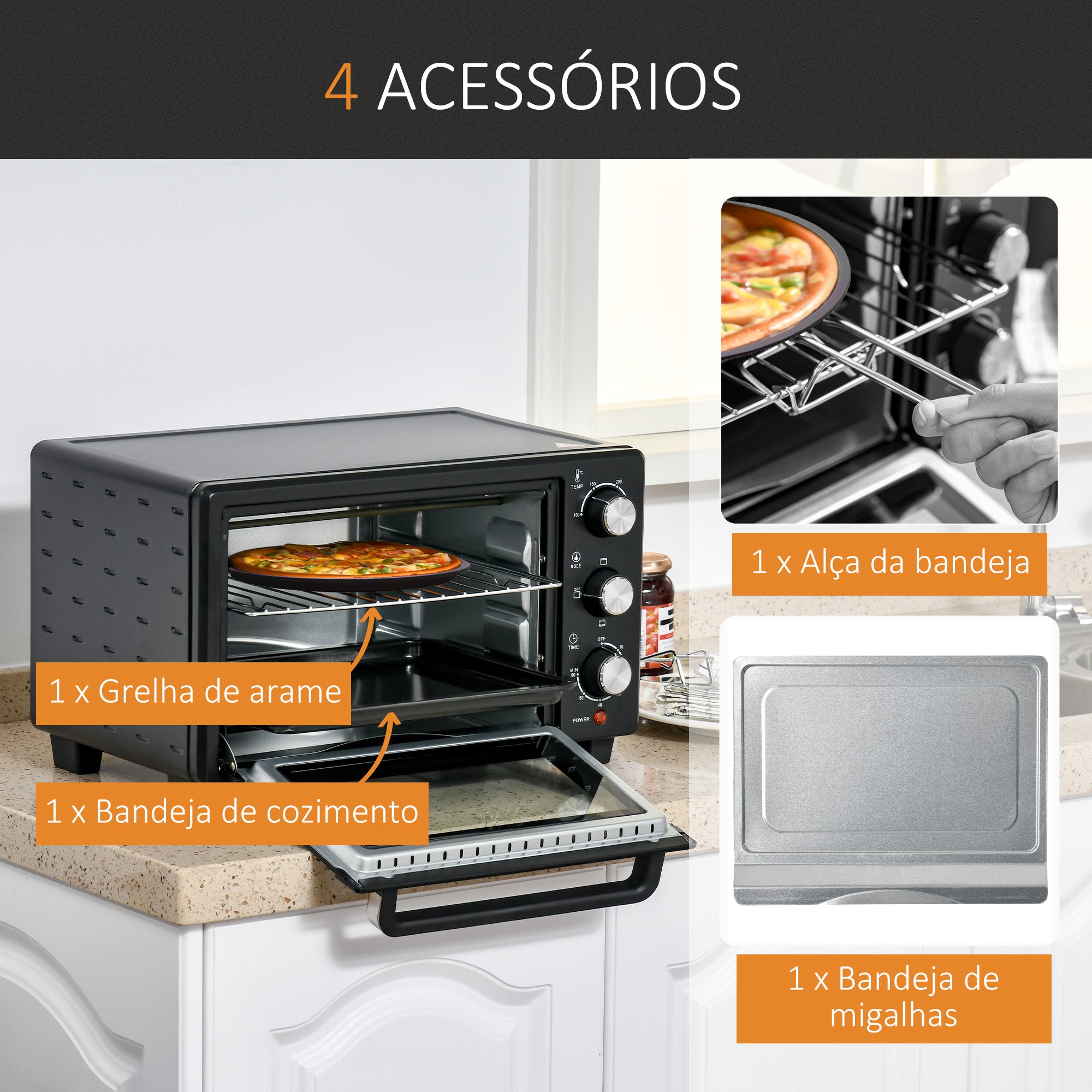 Mini Forno Elétrico – 21L – Preto – Metal e Vidro Temperado