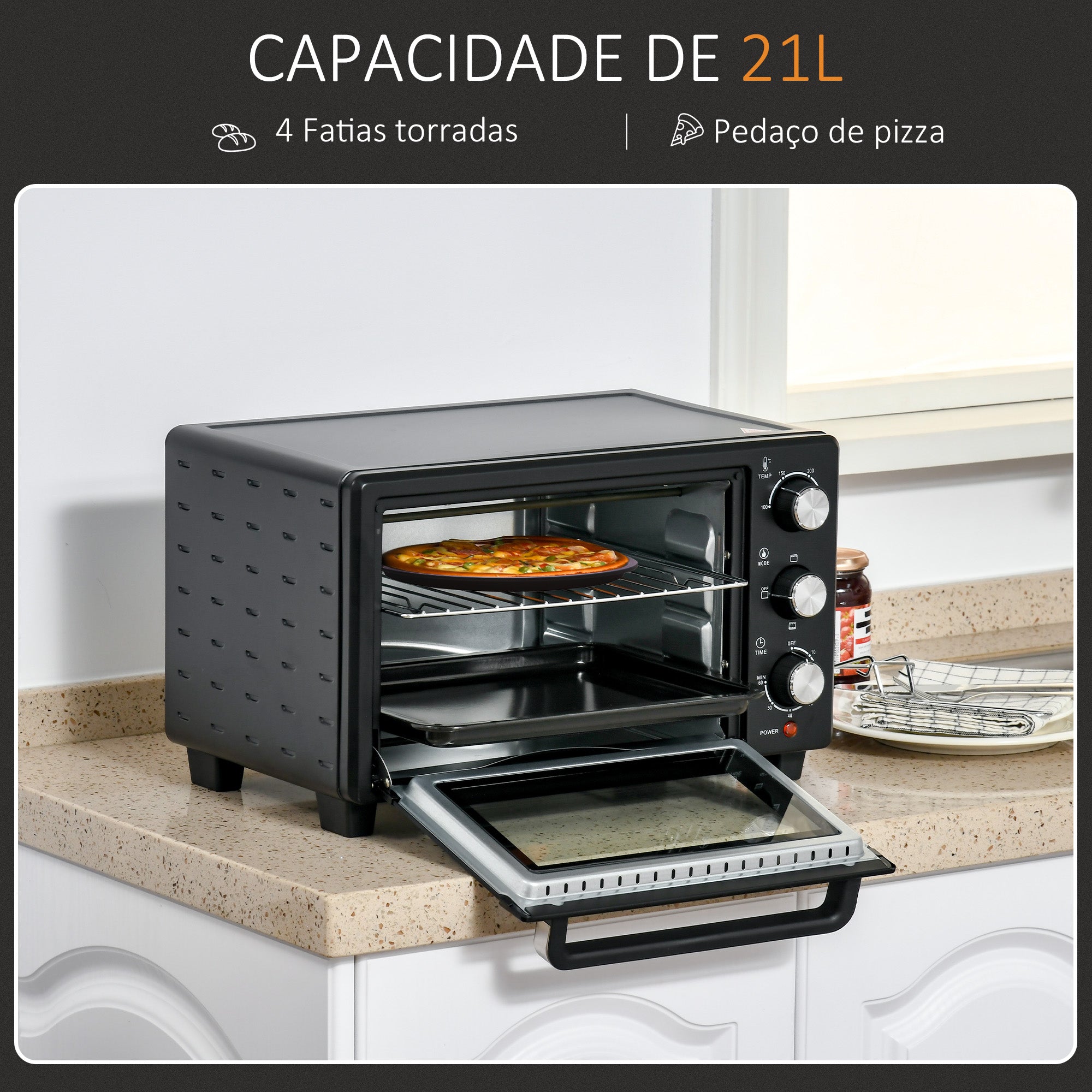 Mini Forno Elétrico – 21L – Preto – Metal e Vidro Temperado
