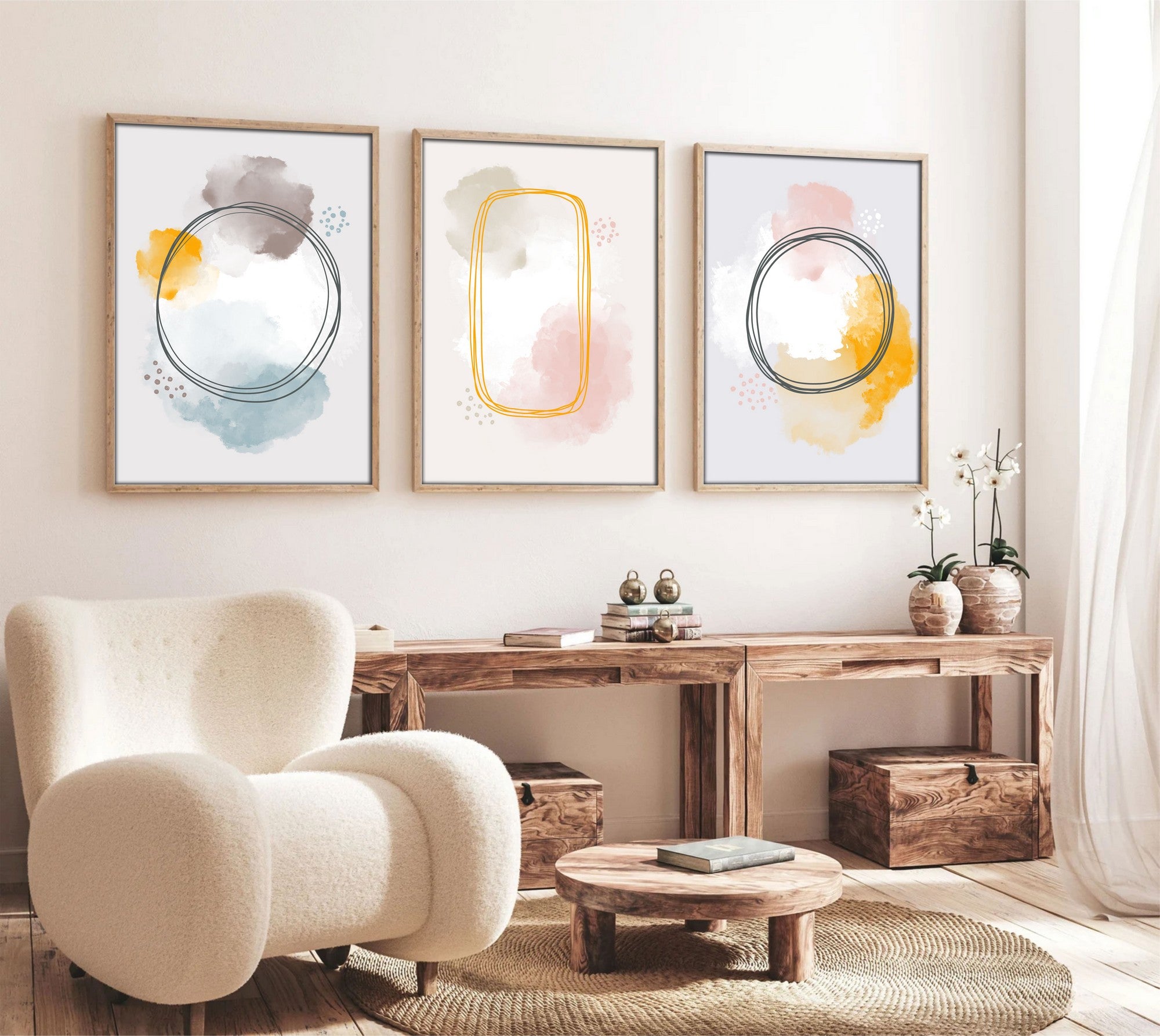 Quadro Decorativo MDF Emoldurado Multicolor 3 Peças 35x50cm - Moldura Madeira Maciça