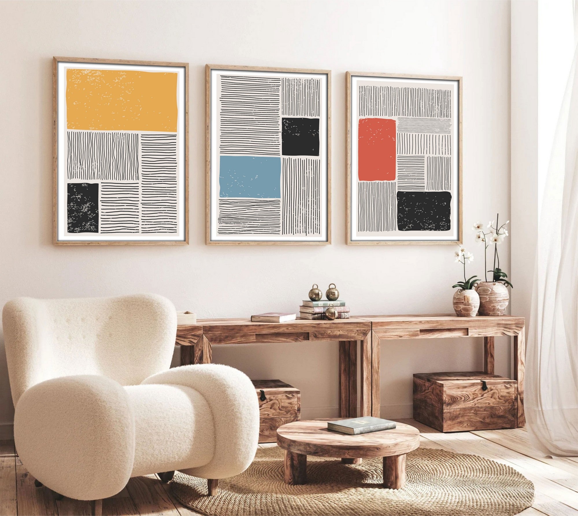 Quadro Decorativo Huhu132 Multicolor em MDF com Moldura de Madeira Maciça, 50x70 cm (Conjunto 3 Peças)